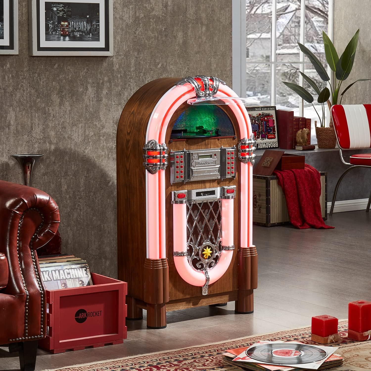 Arkrocket Full Size Jukebox Vinyl Record Player Bluetooth USB SD CD Player Radio Retro Turntable Classic Jukebox (Taurus II + Stand - Oak)