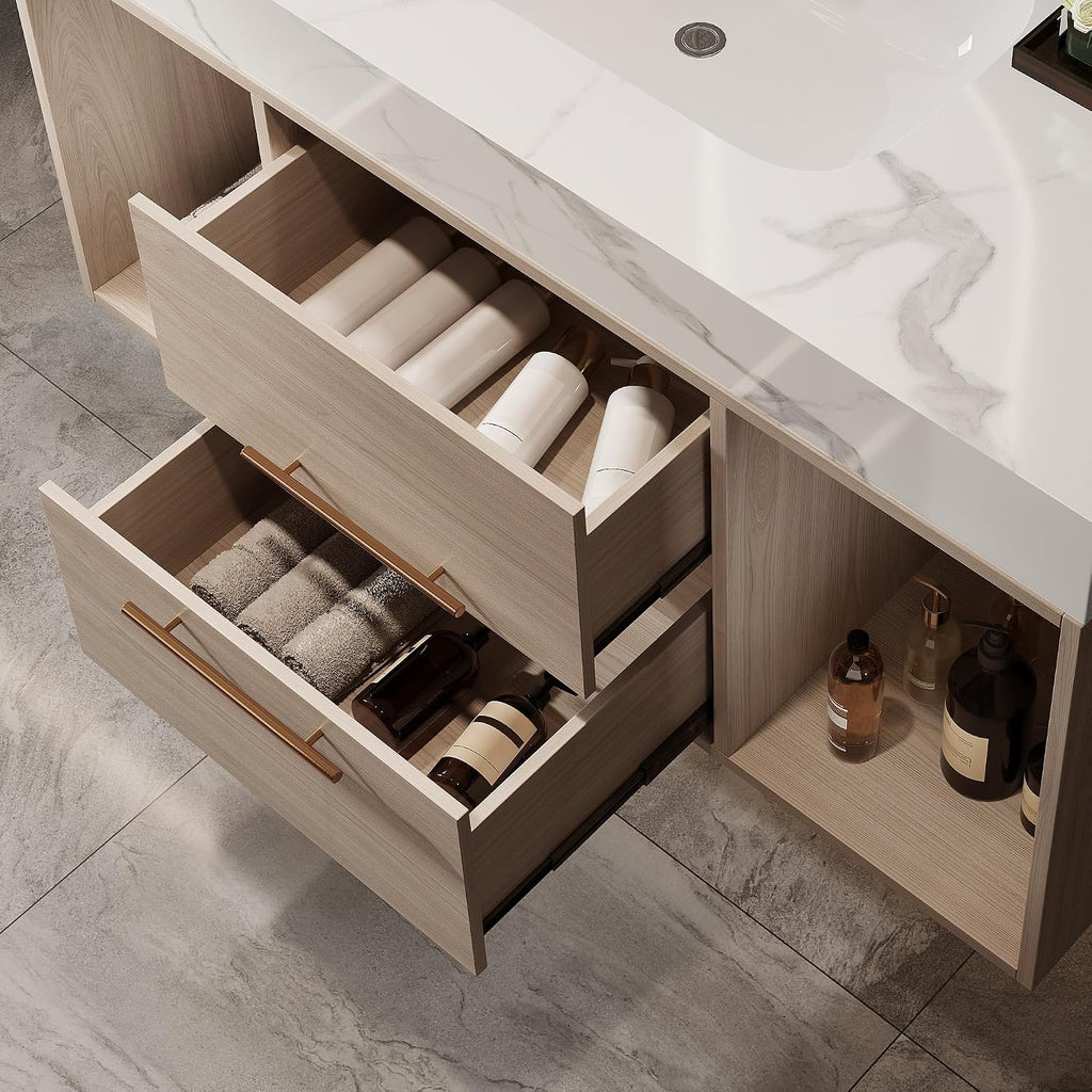 39.4' Bathroom Vanity with Oval Ceramic Sink, Floating Vanity Bathroom Sink Cabinet Wall Mount, Soft-Close Function 2 Large Hidden Drawers & Shelf