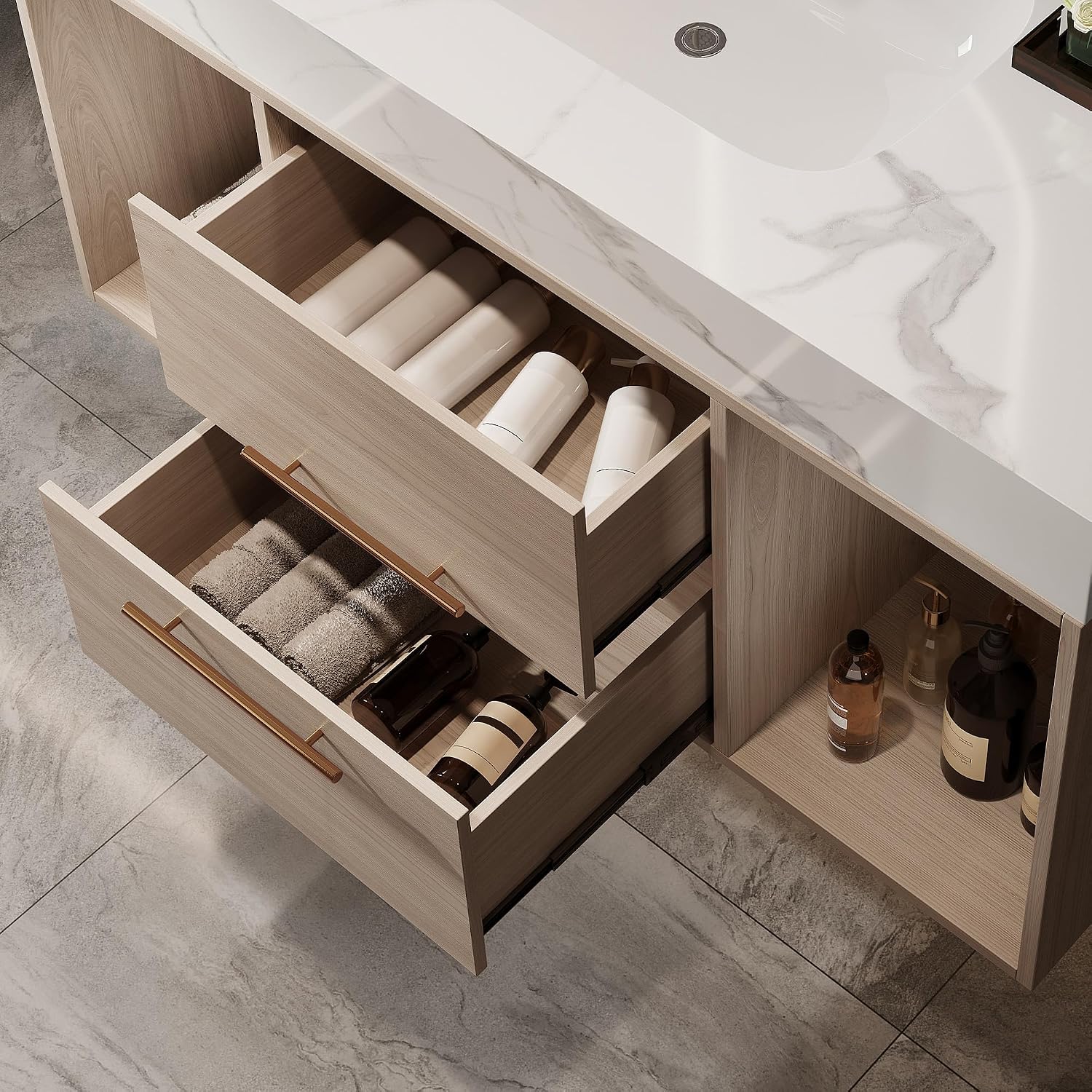 39.4' Bathroom Vanity with Oval Ceramic Sink, Floating Vanity Bathroom Sink Cabinet Wall Mount, Soft-Close Function 2 Large Hidden Drawers & Shelf