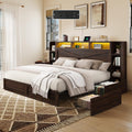 AMERLIFE 45'' Farmhouse King Bed Frame with 4 Drawers, LED Bed Frame with Bookcase Headboard & Side Shelves, Wood Platform Bed with Charging Station, Walnut
