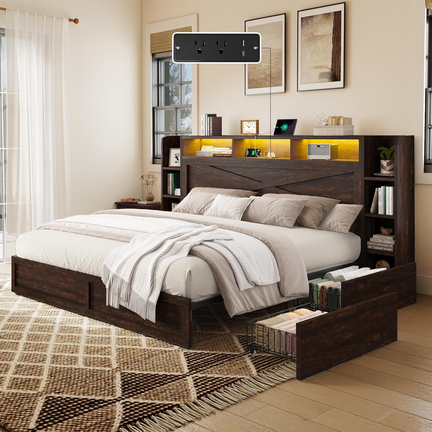 AMERLIFE 45'' Farmhouse Queen Bed Frame with 4 Drawers, LED Bed Frame with Bookcase Headboard & Side Shelves, Wood Platform Bed with Charging Station, Walnut