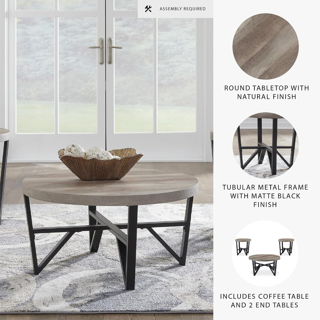 Signature Design by Ashley Deanlee Contemporary Table Set with Metal Frame, Set of 3, Light Brown & Black