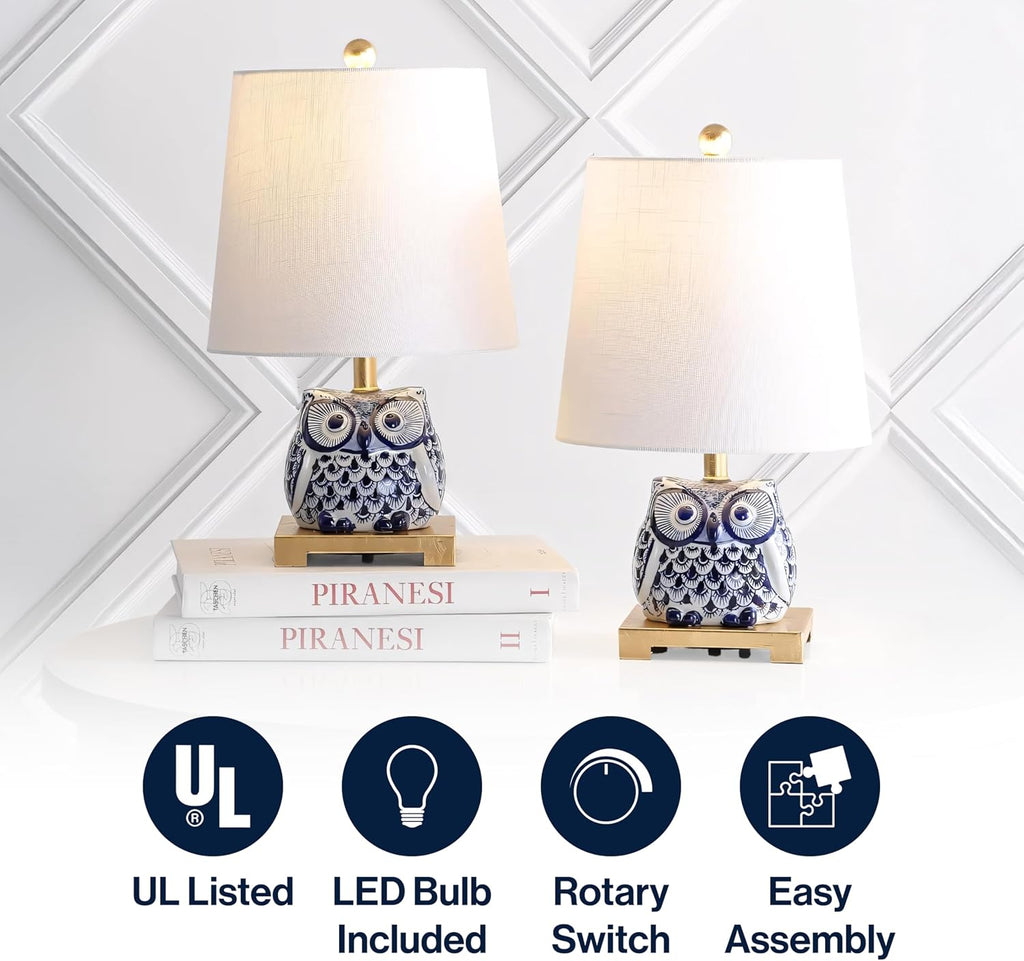 JONATHAN Y 16' Blue/White Ceramic Owl Mini Table Lamp for Bedroom or Office, Modern Farmhouse Nightstand Lamp with White Linen Shade, LED Bulb Included (JYL3014A-SET2)