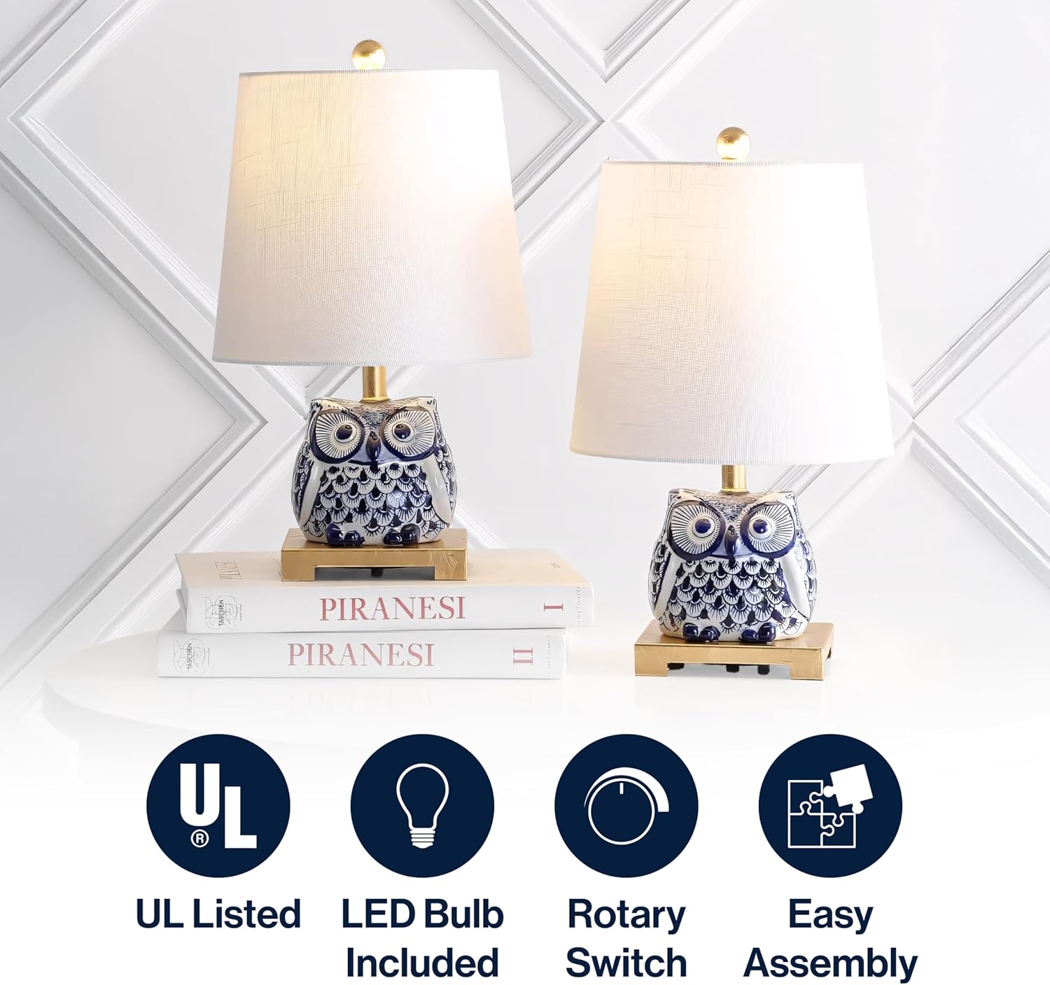 JONATHAN Y 16' Blue/White Ceramic Owl Mini Table Lamp for Bedroom or Office, Modern Farmhouse Nightstand Lamp with White Linen Shade, LED Bulb Included (JYL3014A-SET2)