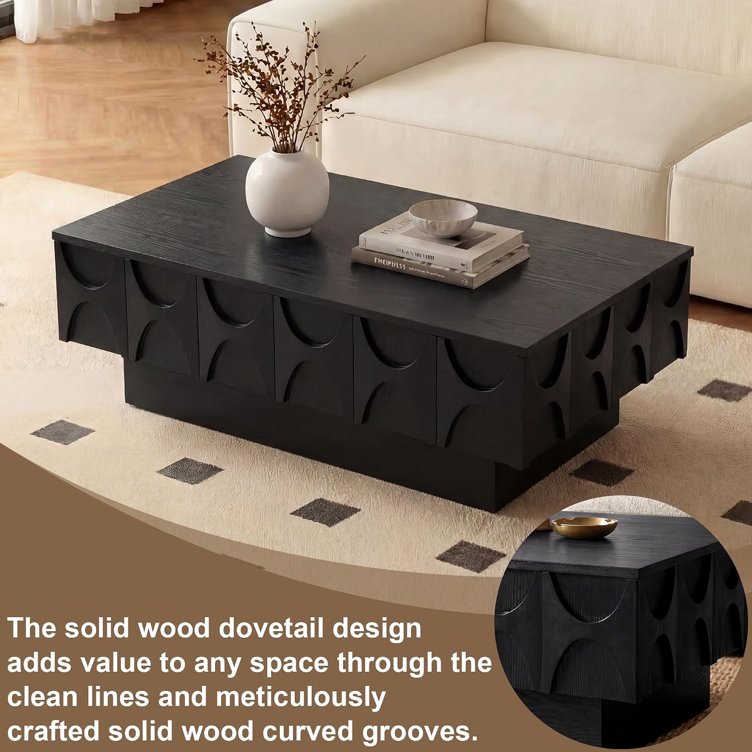 Solid Wood Veneer Coffee Table with Storage & Sliding Top, 38.6' Modern Mid Century Rectangle Center Table for Living Room, Home Office, Black