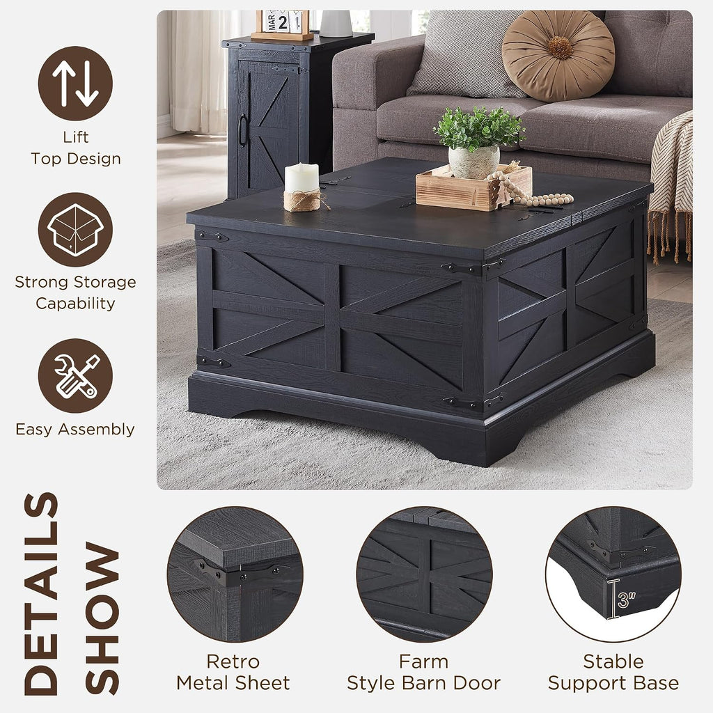 JXQTLINGMU 36' Lift Top Coffee Table with Storage, Farmhouse Square Center Table with Large Hidden Compartment, Wood Lift Tabletop Dining Table for Home Living Room, Black