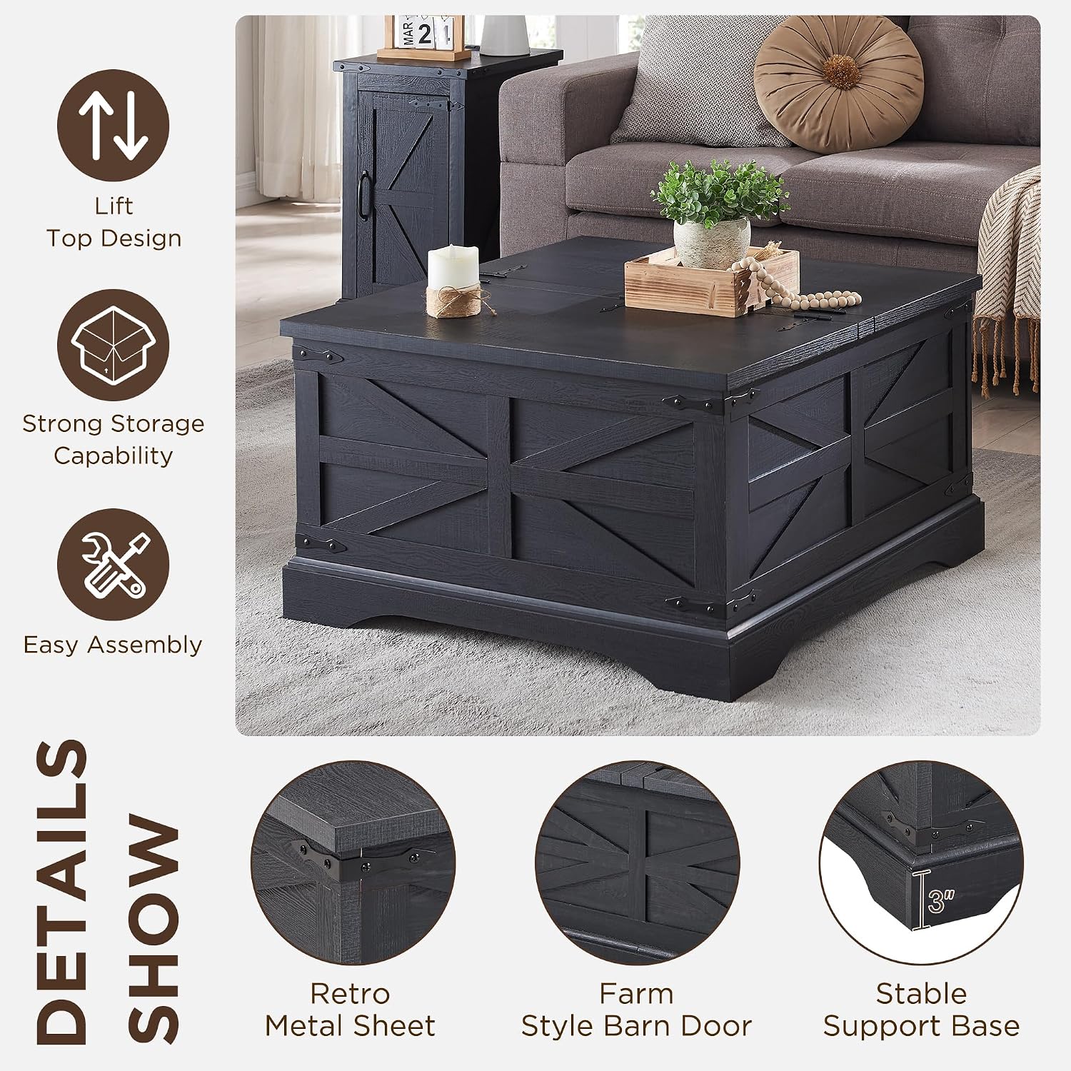 JXQTLINGMU 36' Lift Top Coffee Table with Storage, Farmhouse Square Center Table with Large Hidden Compartment, Wood Lift Tabletop Dining Table for Home Living Room, Black