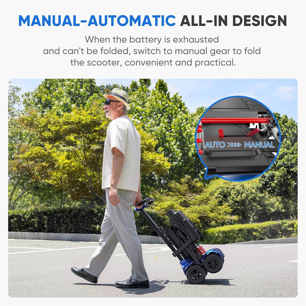 Auto-Folding Mobility Scooters for Adults & Seniors,40 lbs Lightweight Foldable & Portable 4 Wheel Electric Scooter, Remote Control/Manual Folding Power Scooter 14 Mile Range, 275 lbs Capacity Bule