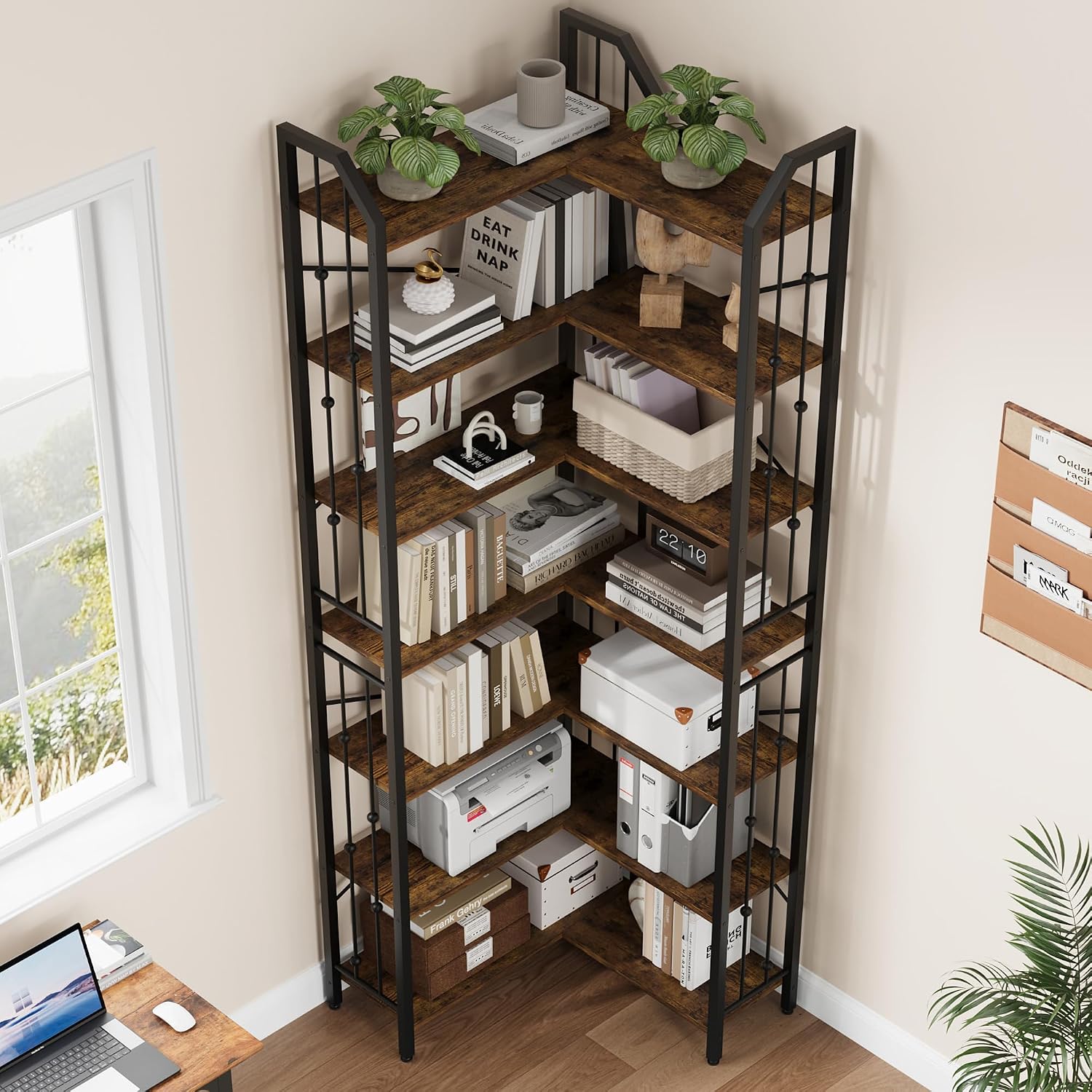 Takywep 86' Corner Bookshelf, l-Shaped 7 Tier Bookcase, Tall Corner Bookcase with Beaded Design, Large Display Shelf for Living Room Bedroom Brown