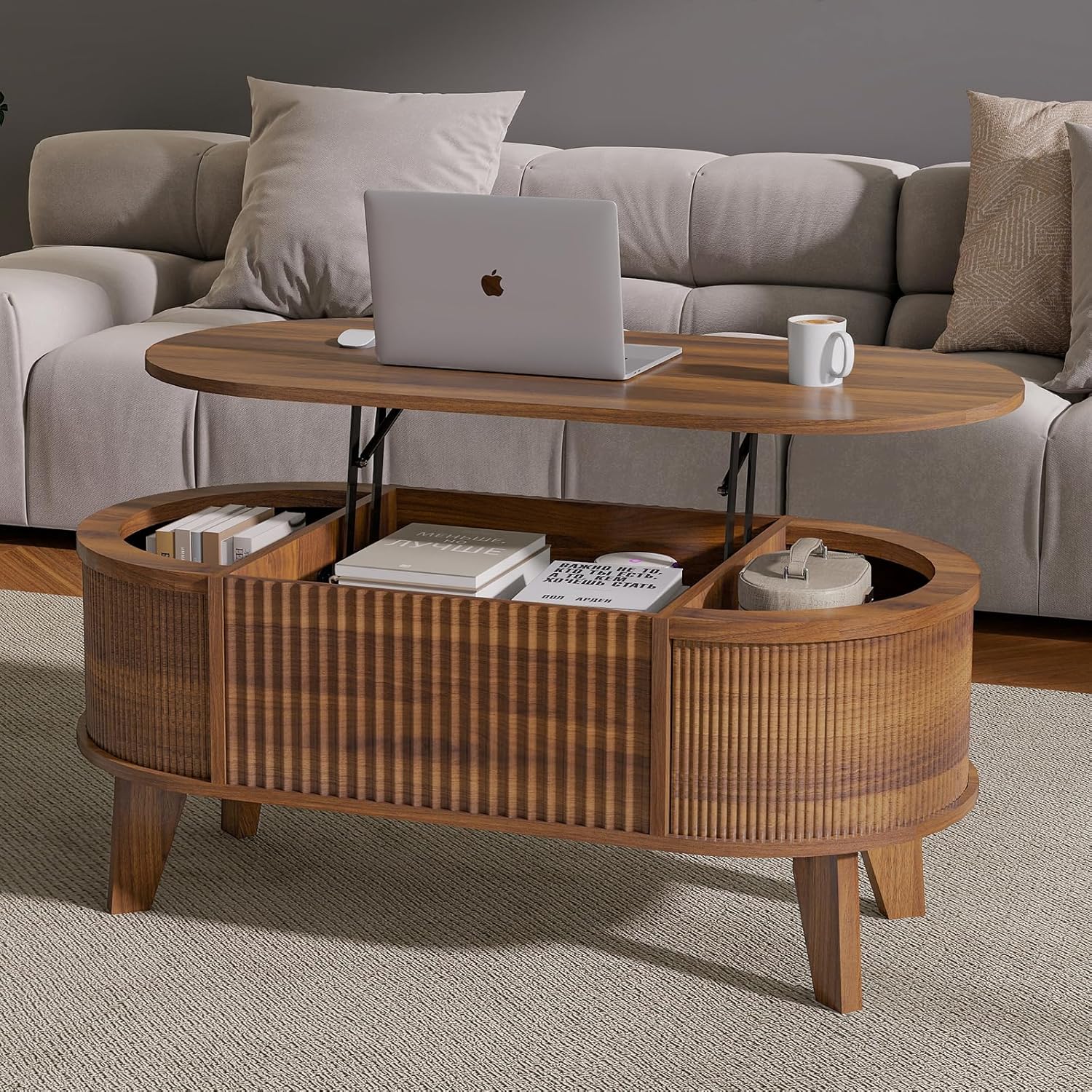 LYNCOHOME Fluted Lift Top Coffee Table with Storage,Modern Oval Coffee Table for Living Room or Home Office（Walnut）