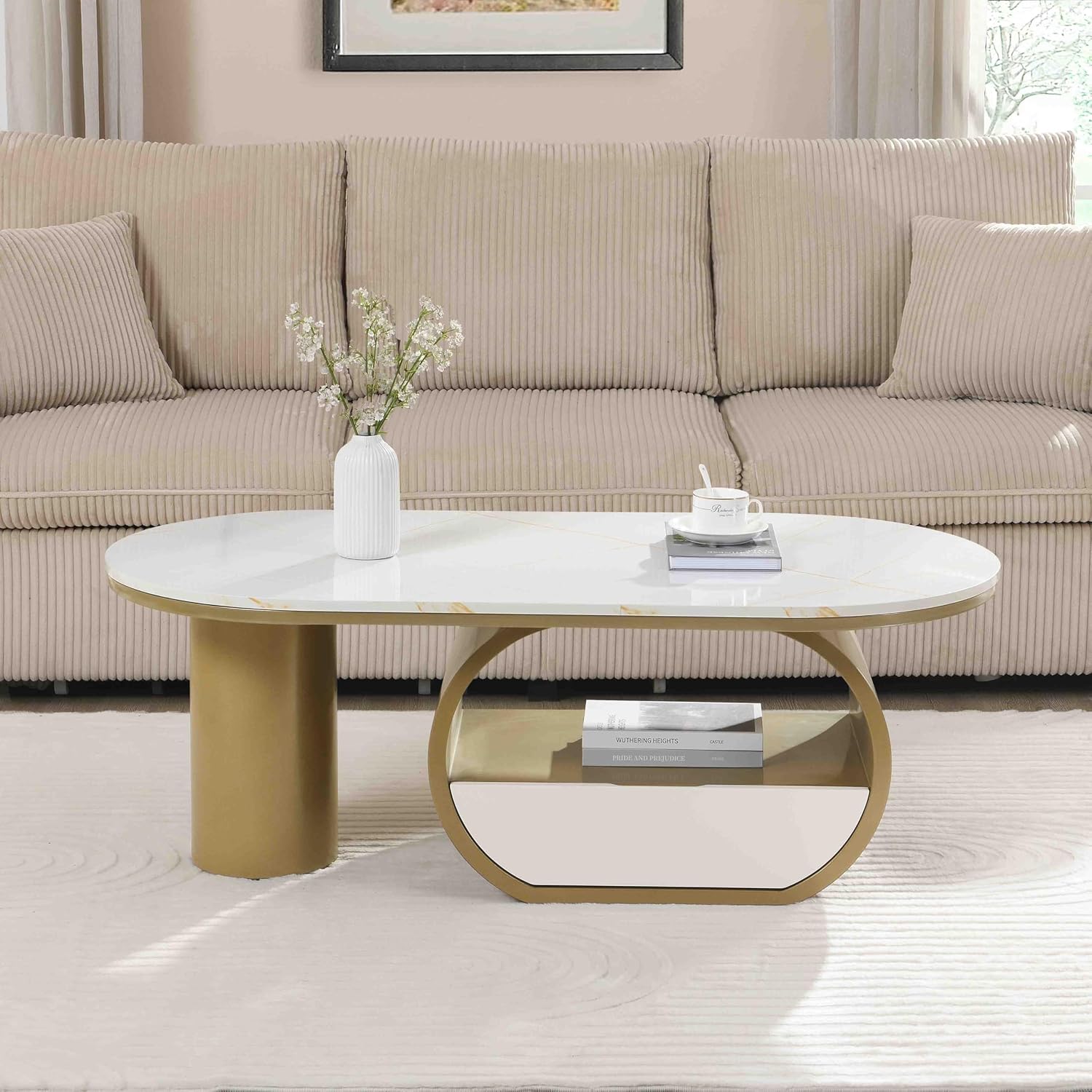 Luxury Gold Oval Coffee Table, 47'' Modern Living Room Table with Storage Drawer, Faux Marble Top MDF, Sturdy Metal Base, Large Center Tables for Home Apartment, White