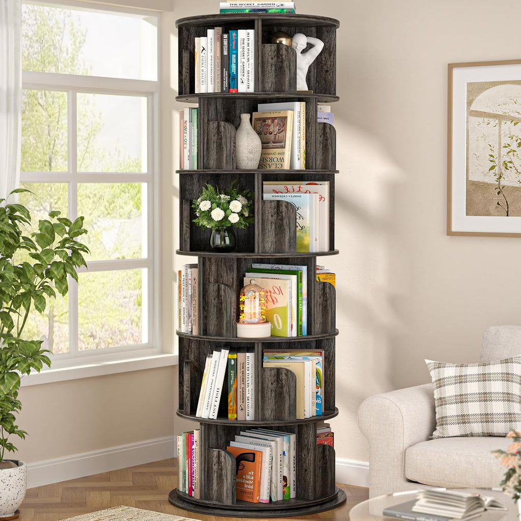 Aheaplus 6 Tier Rotating Bookshelf, Wood Spinning Bookshelf Tower, Round Revolving 360 Bookcase, Narrow Turning Book Shelf Rolling Corner Organizer for Small Space, Bedroom, Office, Black Oak