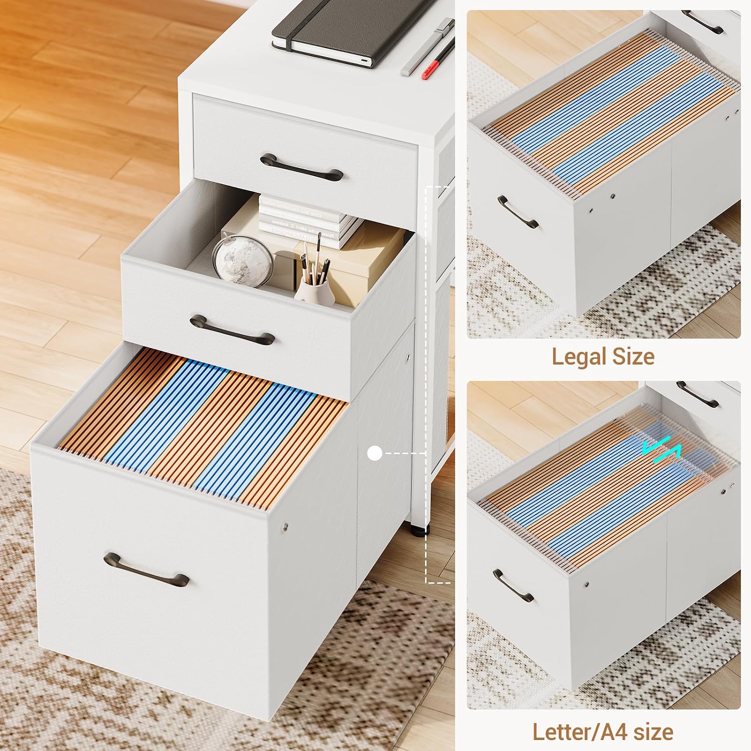 SEDETA L Shaped Office Desk with Drawers, 64.5' Reversible Computer Desk with Storage Shelves and Power Outlet, Corner Gaming Desk with LED Strip for Home Office, White