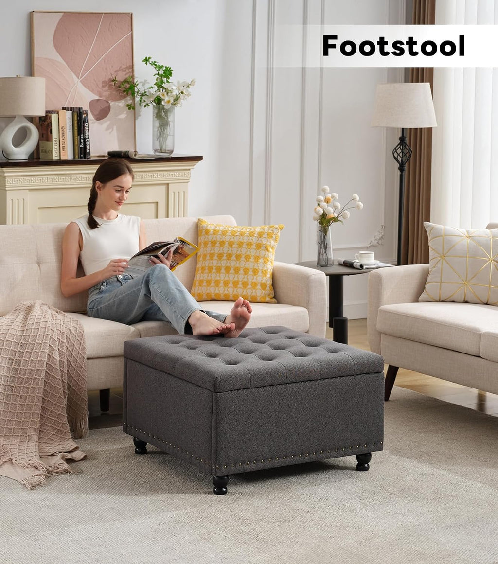 Tbfit 30' Large Square Ottoman Coffee Table with Storage, Oversized Tufted Upholstered Ottomans Bench with Solid Wood Legs for Living Room, Dorm, Linen Foot Stool for Couch Sofa Toy Box, Gray