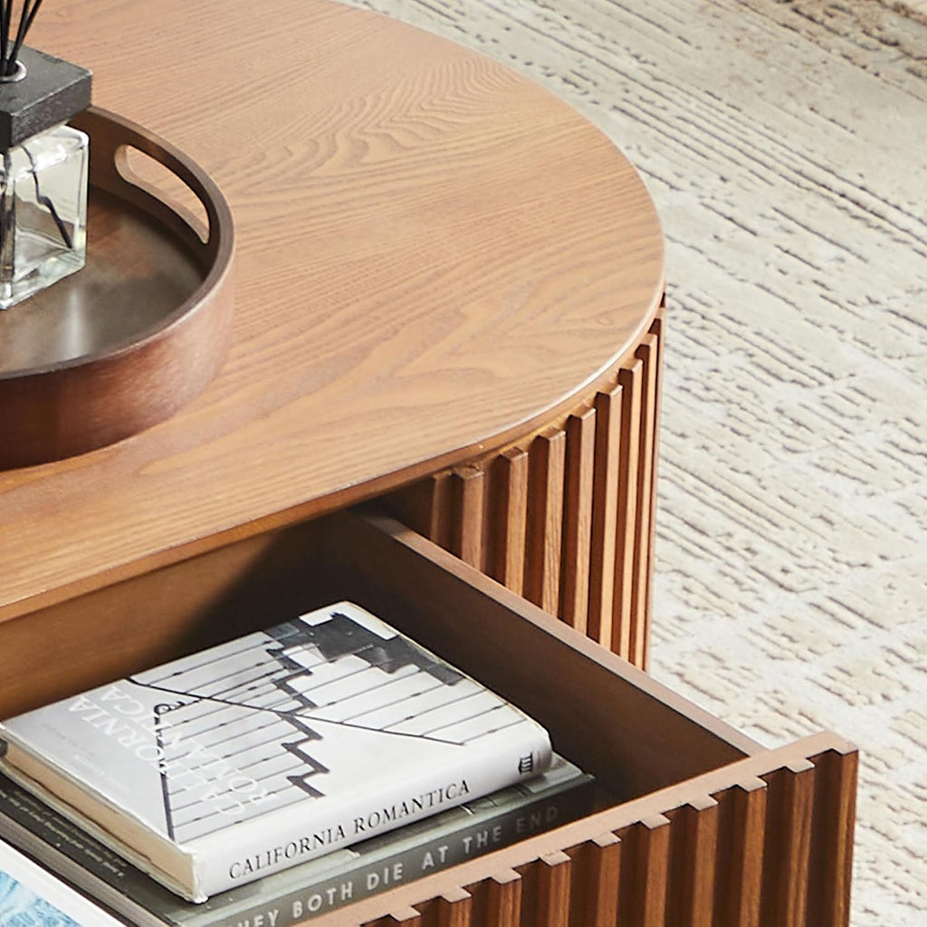 LKTART Oval Coffee Table with Drawer, 51.18' Solid Wood Veneer Coffee Tables for Living Room, Mid Century Modern Wooden Center Table, Already Installed,Brown