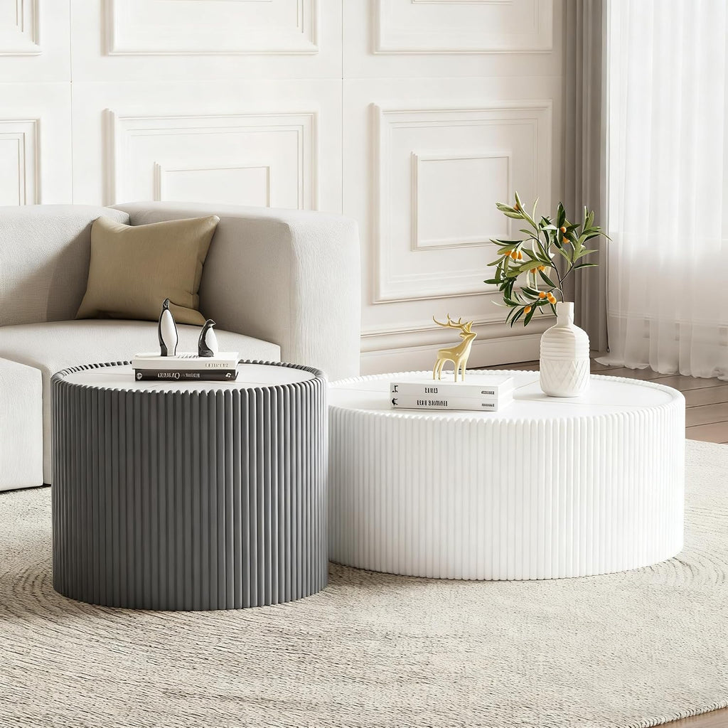 Round Coffee Table Set with Sintered Stone Tabletop, 29.52' White Drum Center Table and 17.71' Grey Coffee Table Set, 2 Pieces Living Room Table Set with Fluted PU Leather Cover& Stable Base