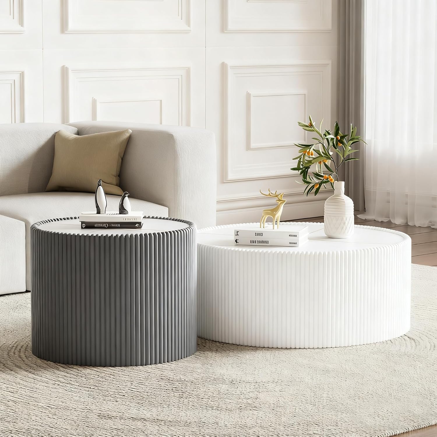 Round Coffee Table Set with Sintered Stone Tabletop, 29.52' White Drum Center Table and 17.71' Grey Coffee Table Set, 2 Pieces Living Room Table Set with Fluted PU Leather Cover& Stable Base
