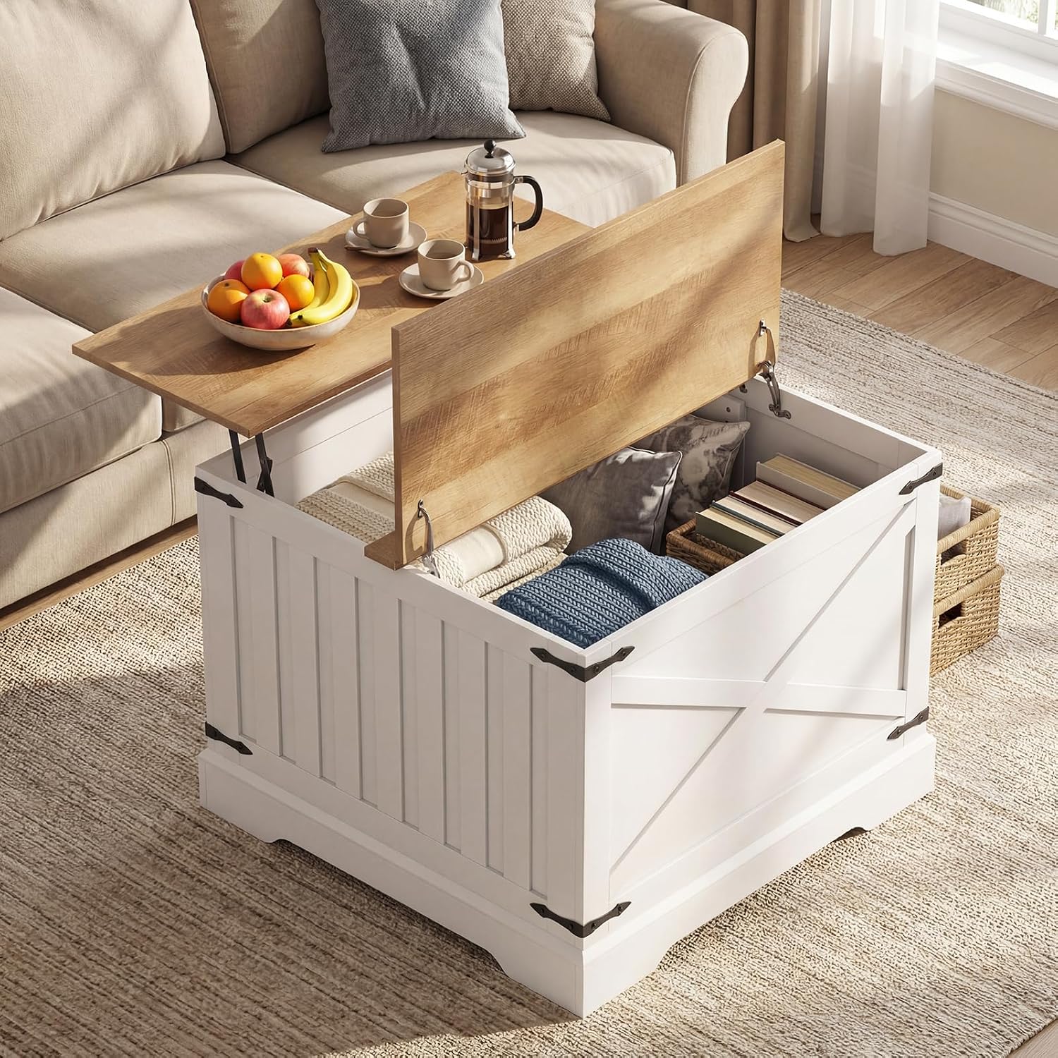 Giantex Farmhouse Lift Top Coffee Table, 31.5' Square Wood Center Table with Large Hidden Storage Compartment & Hinged Lift Top, Accent Cocktail Tea Table, Rustic Living Room Tables (Oak)