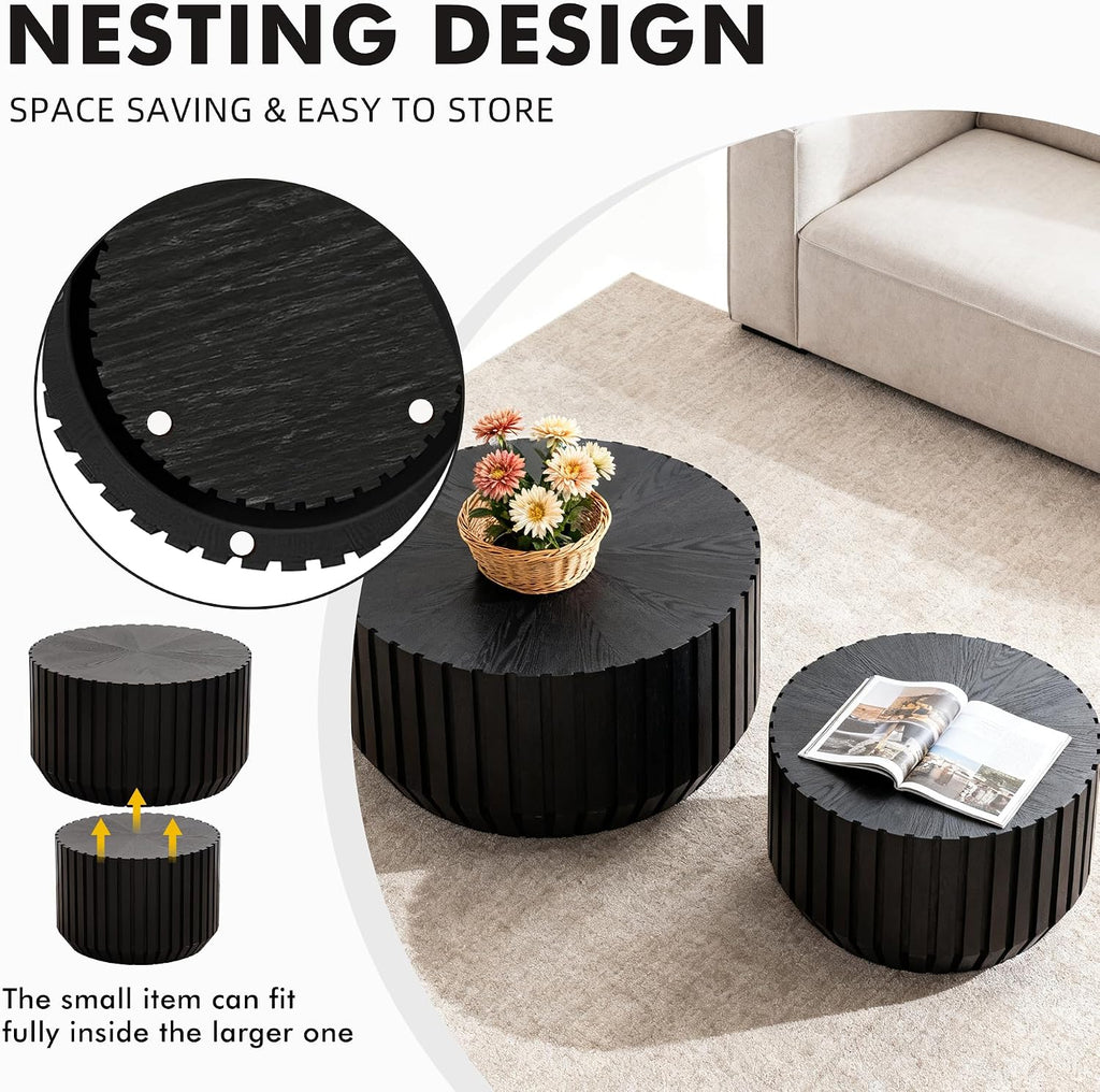 Black Round Nesting Tables for Living Room, Set of 2, Nesting Coffee Table Wooden Fluted Coffee Table, Modern Small Circle Center Tabel End Side Table for Farmhouse Apartment Office