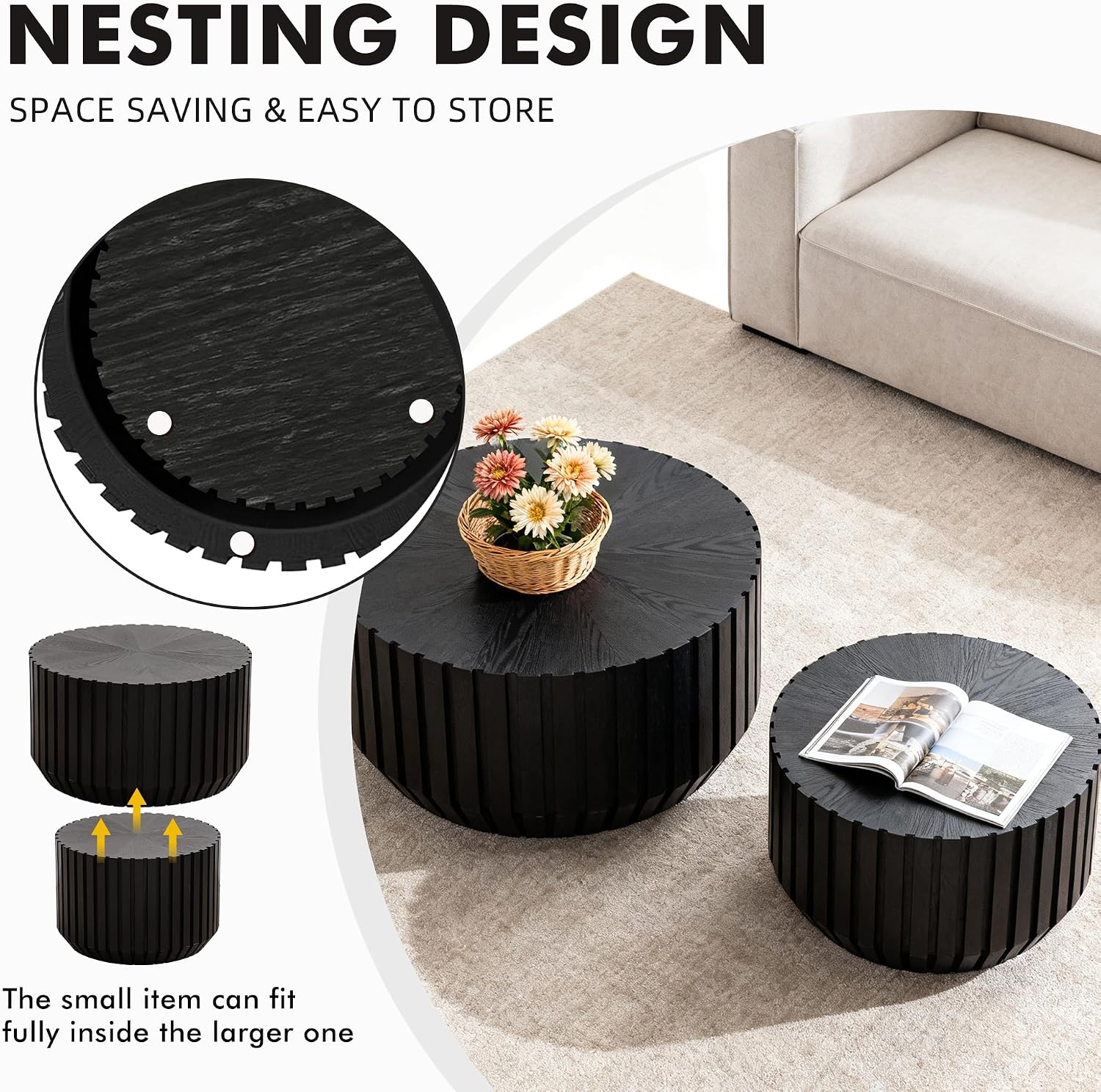 Black Round Nesting Tables for Living Room, Set of 2, Nesting Coffee Table Wooden Fluted Coffee Table, Modern Small Circle Center Tabel End Side Table for Farmhouse Apartment Office