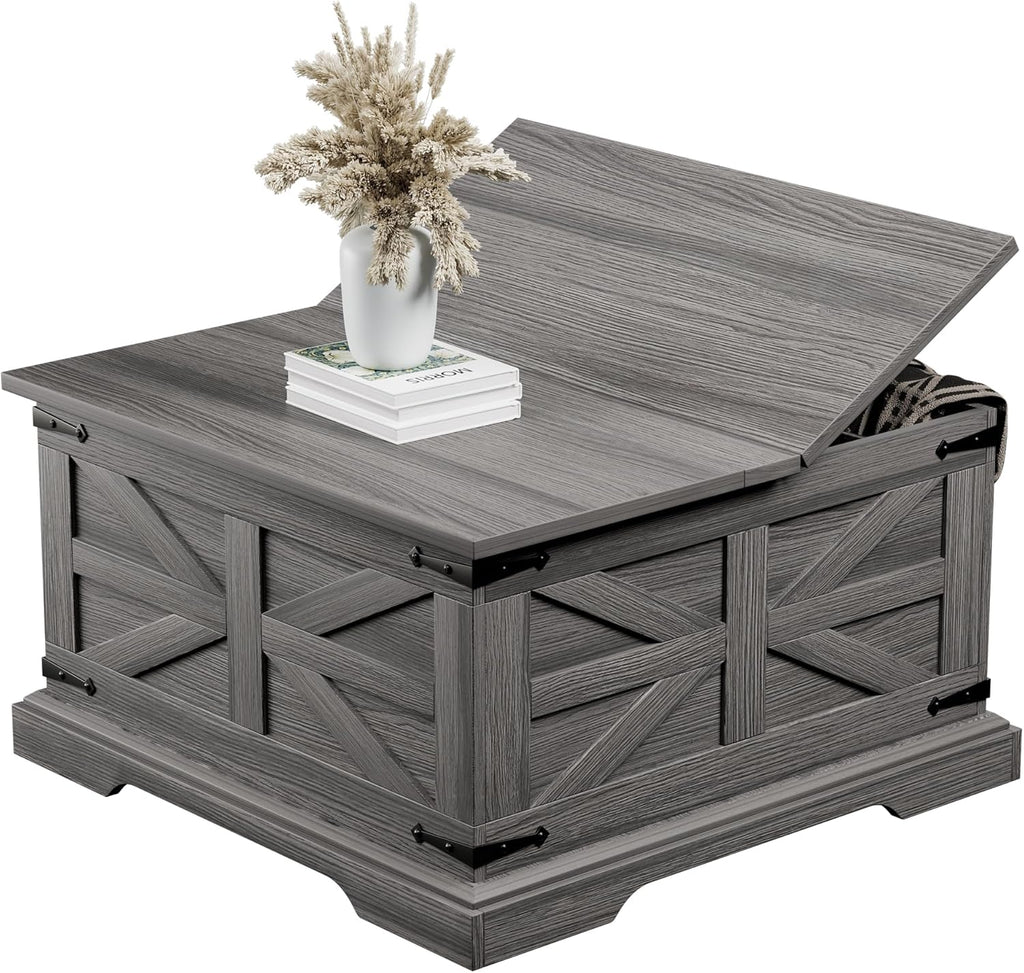 Farmhouse Coffee Table with Large Hidden Storage, Square Wood Living Room Tables, Multi-Function Lift Wooden Barn Door Center Table (Wah Grey)