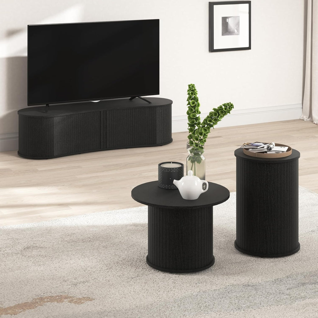TV Stand and Coffee Table Set of 3, Living Room Table Set Fluted End Table & Coffee Table & 59' Low TV Stand with Sliding Doors for Living Room, Bedroom, No Screws Ultra Fast Assembly, Black