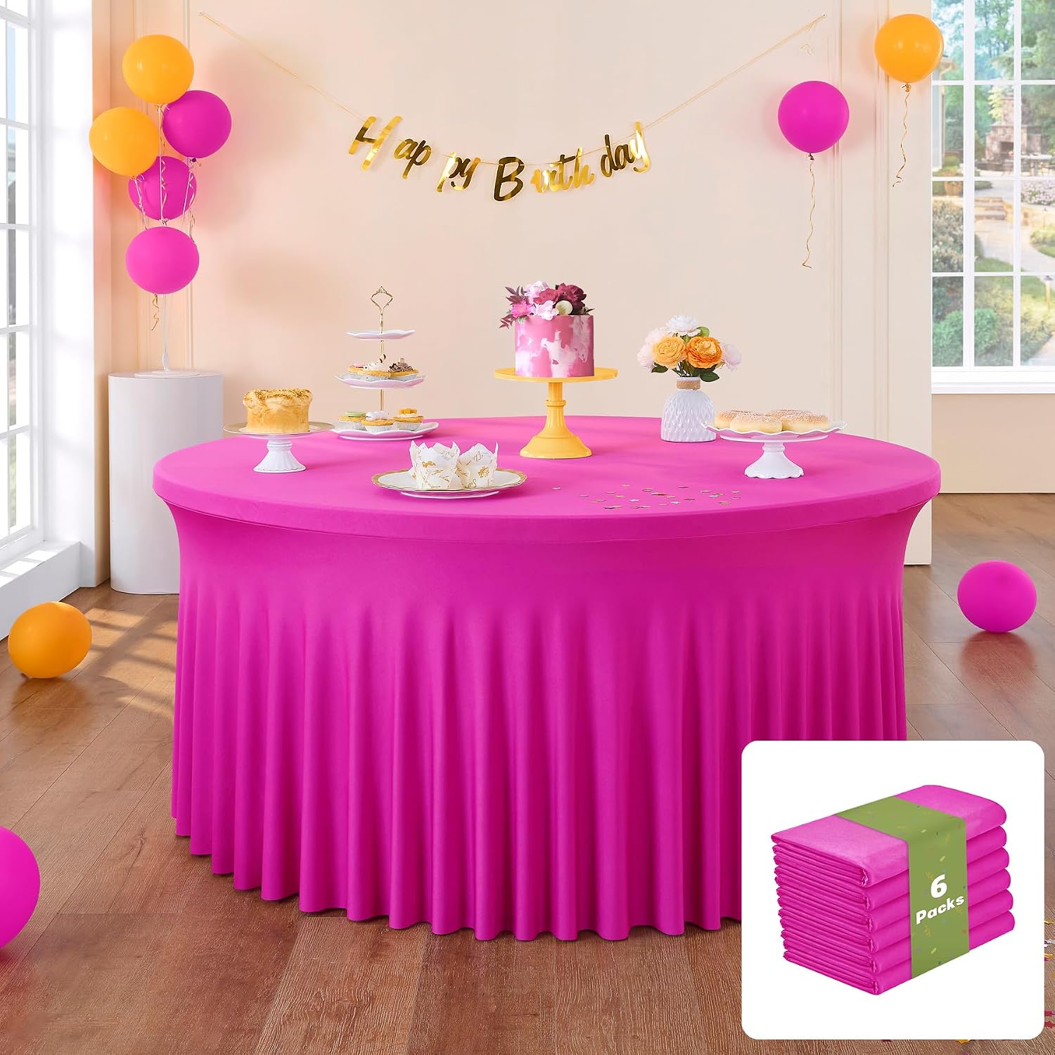 leegleri 6 Pack 72inch Spandex Hot Pink Round Tablecloth, Stretchy 132inch Fitted 6FT Round Table Cloths, Wrinkle Free Table Cover with Skirt for Wedding Birthday Party Bridal Shower Banquet
