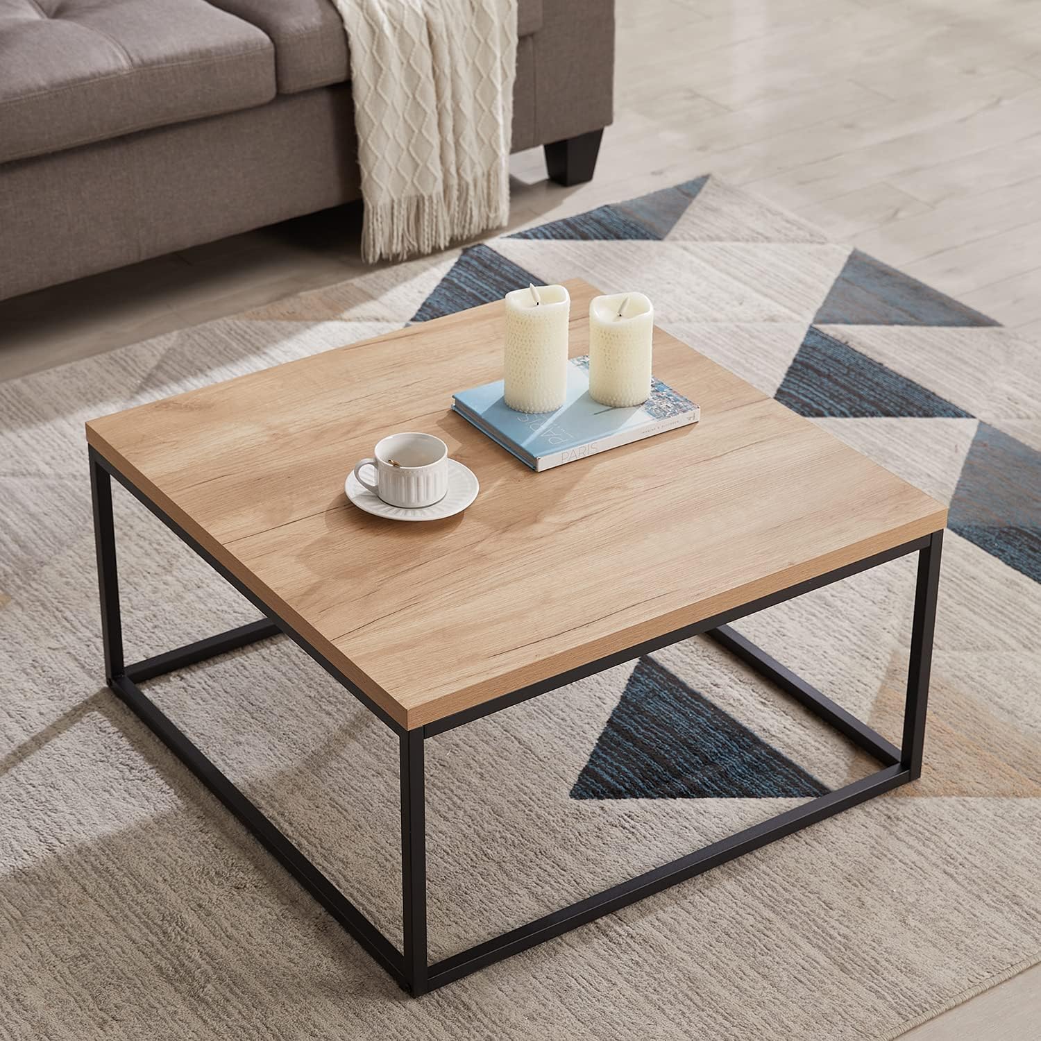 CENSI 30' Square Coffee Table, Natural Oak Light Wood Center Table for Living Room, Modern Industrial Farmhouse Cocktail Table, Extra Thick 1.2' Top with Sturdy Metal Frame, Scandi Style