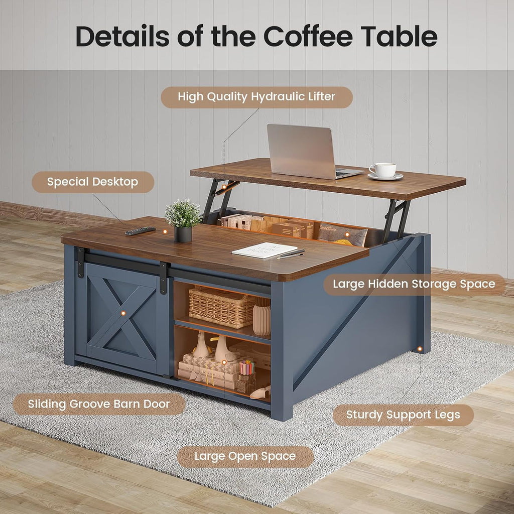 SEDETA 31.5' Lift Top Coffee Table with Storage, Square Coffee Tables for Living Room, Farmhouse Coffee Table with Large Hidden Storage Compartment and Adjustable Shelves, Blue