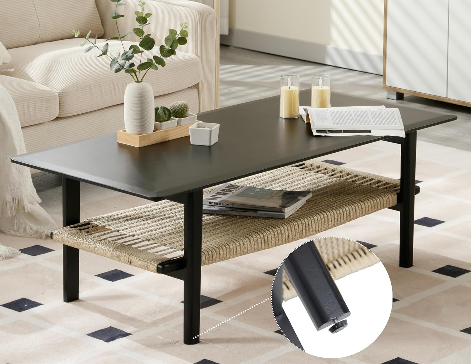 Black Coffee Table for Living Room Farmhouse Coffee Table with Natural Rattan Storage Shelf Large 2-Tier Rectangular Center Table for Living Room Reception