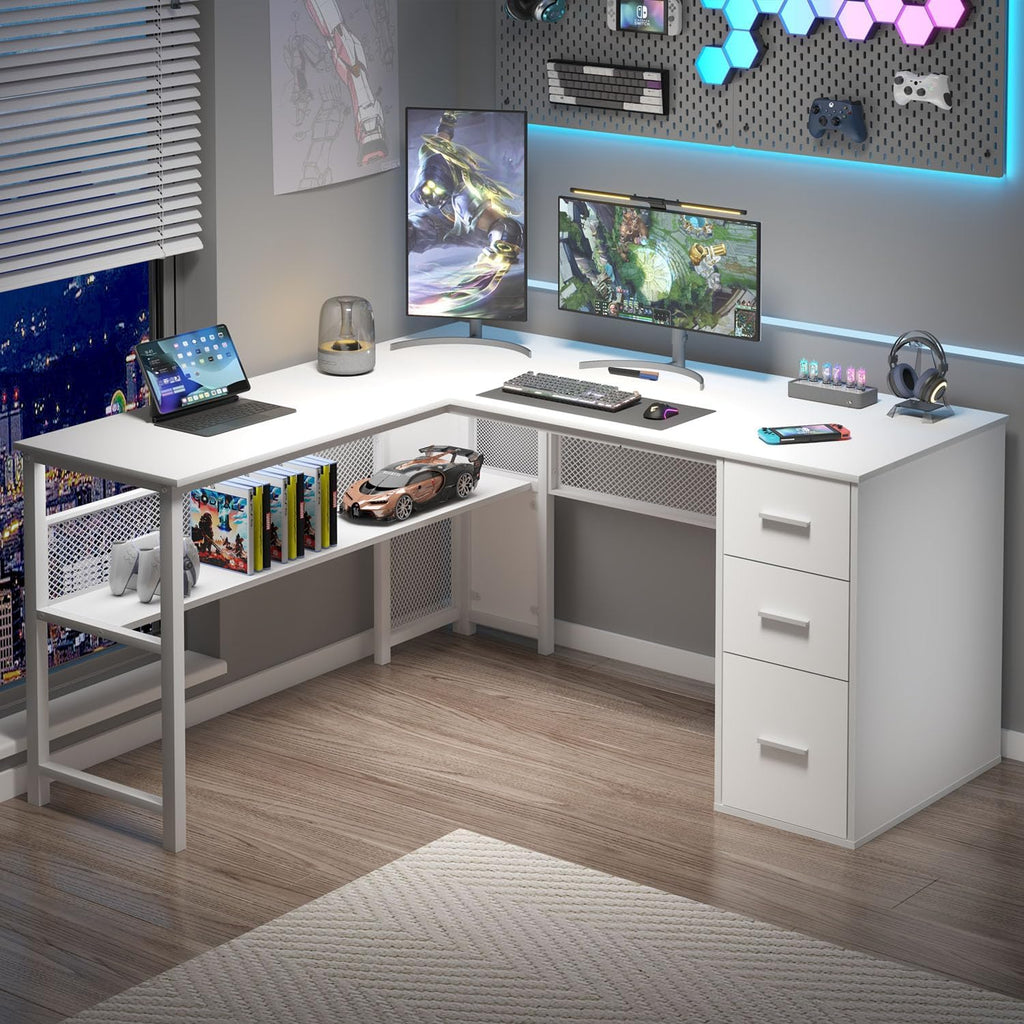 LVB White L Shaped Corner Desk with Drawers, Reversible Modern L-Shaped Computer Desk with Storage Cabinet Shelves, Large Wood Metal L Shape Home Office Desk for Work Study Writing Gaming, 59 Inch