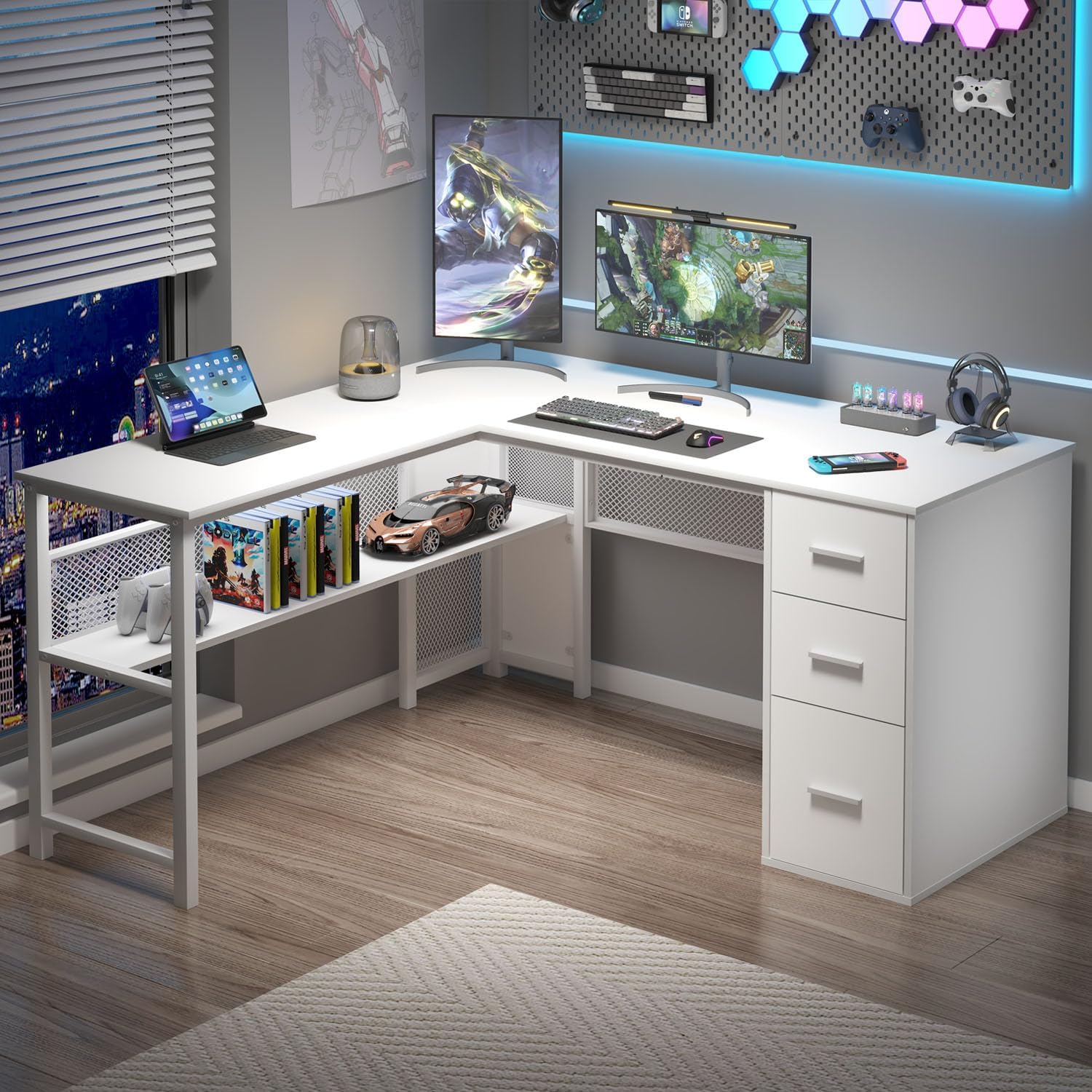 LVB White L Shaped Corner Desk with Drawers, Reversible Modern L-Shaped Computer Desk with Storage Cabinet Shelves, Large Wood Metal L Shape Home Office Desk for Work Study Writing Gaming, 59 Inch