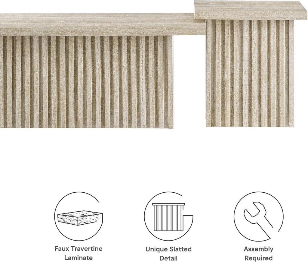 Modway Render Faux Travertine Slatted Nesting Coffee Table Set in Travertine - 2 Piece Low Profile Coffee Table Mid Century Modern - Abstract Coffee Tables for Living Room - Nested Accent Tables