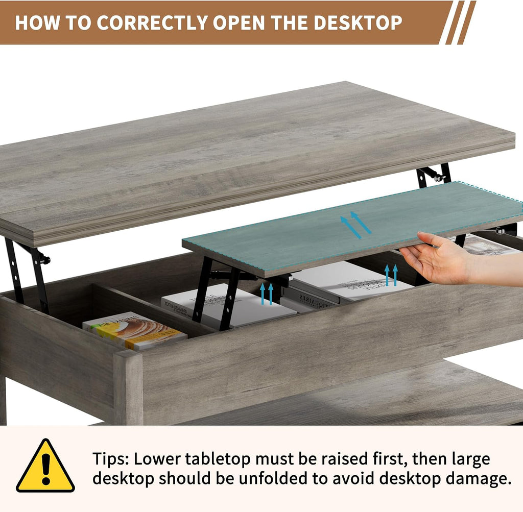 SYESWAY 42'' Lift Top Coffee Table, 4-in-1 Multifunctional Lift Coffee Table with Storage & Hidden Compartments, Farmhouse Coffe Table with Lifting top for Living Room, Dining Reception Room, Grey