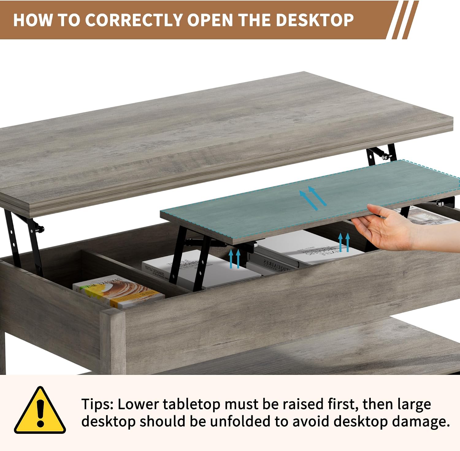 SYESWAY 42'' Lift Top Coffee Table, 4-in-1 Multifunctional Lift Coffee Table with Storage & Hidden Compartments, Farmhouse Coffe Table with Lifting top for Living Room, Dining Reception Room, Grey