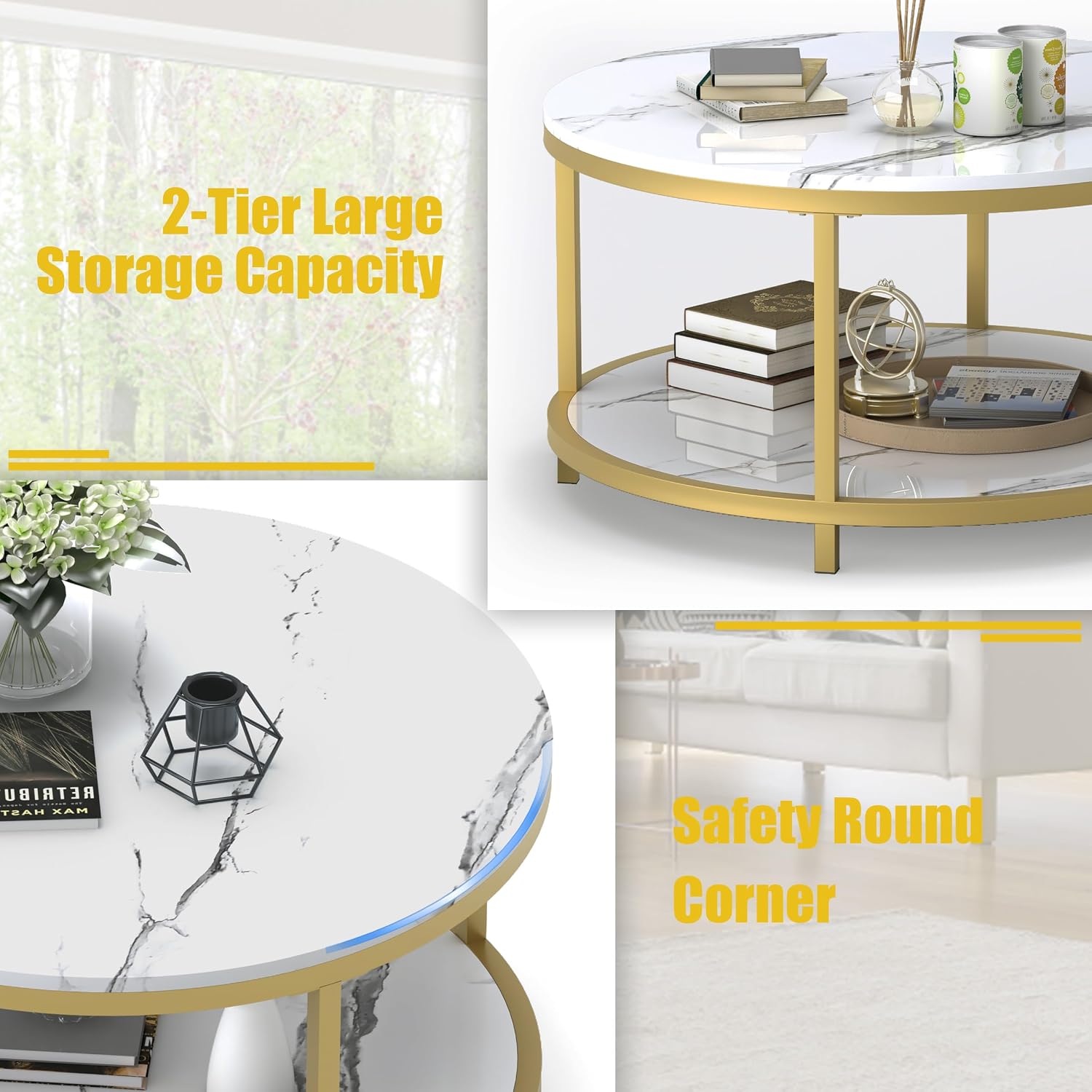 WiberWi Round Coffee Table 33.5' Coffee Tables for Living Room High Glossy Faux White Marble Top Modern Circle Table Sturdy Gold Metal Frame Legs Cocktail Table with Storage Open Shelf