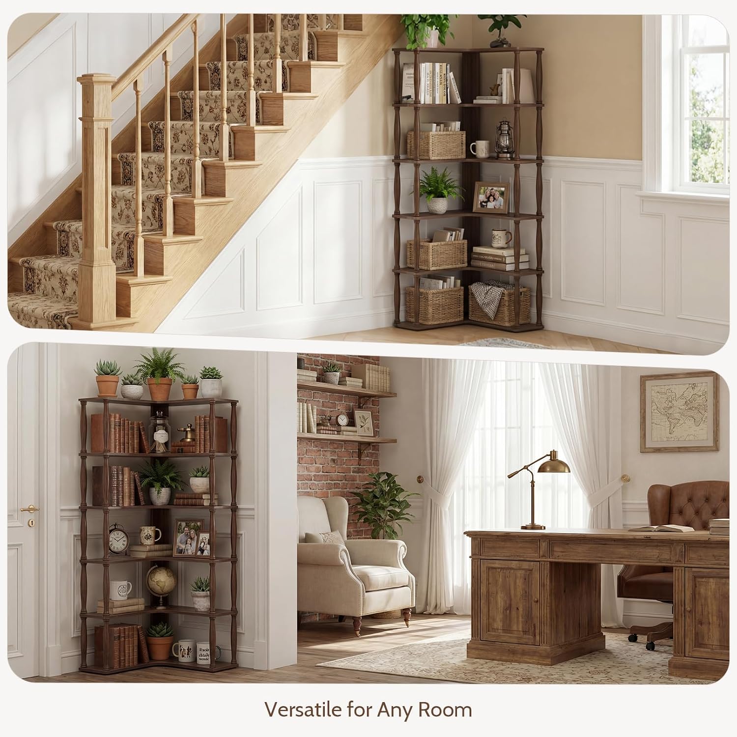 6 Tier Corner Bookshelf, L Shaped Bookcase with Solid Wood Posts,Vintage American Display Shelf for Home Office, Living Room, Bedroom, Kitchen