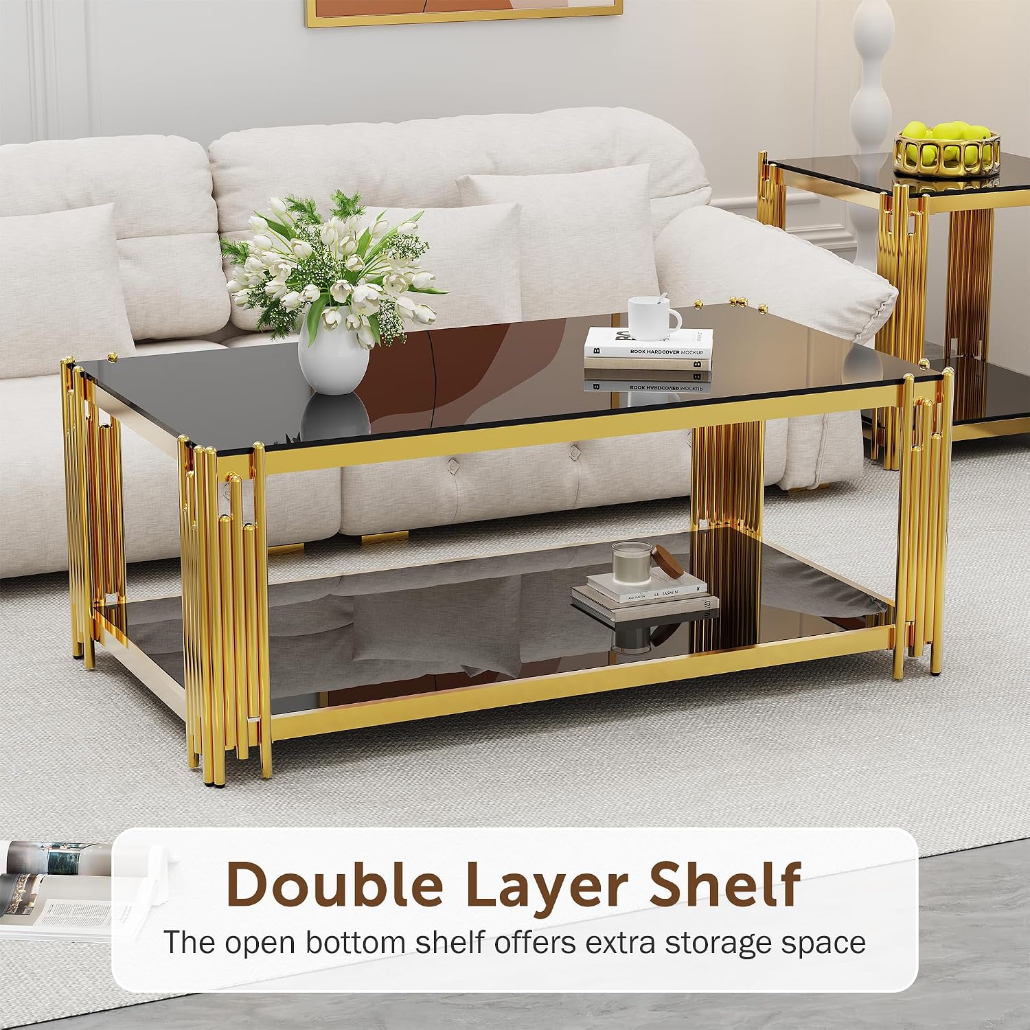 Black Glass Coffee Table 43' Modern Living Room Table Gold Stainless Steel Metal Leg Rectangular Tempered Glass Luxury Center Tables for Home Office