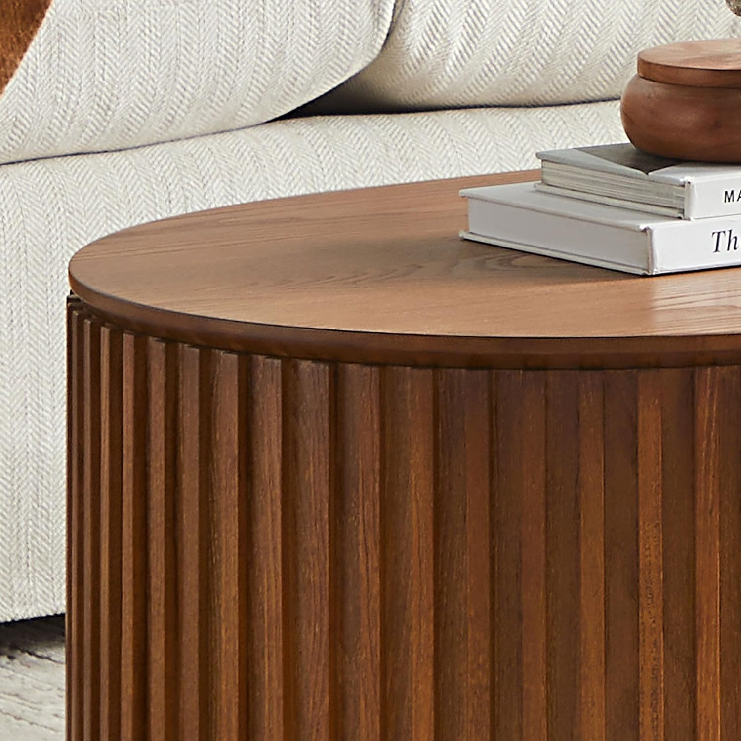 LKTART Oval Coffee Table with Drawer, 51.18' Solid Wood Veneer Coffee Tables for Living Room, Mid Century Modern Wooden Center Table, Already Installed,Brown