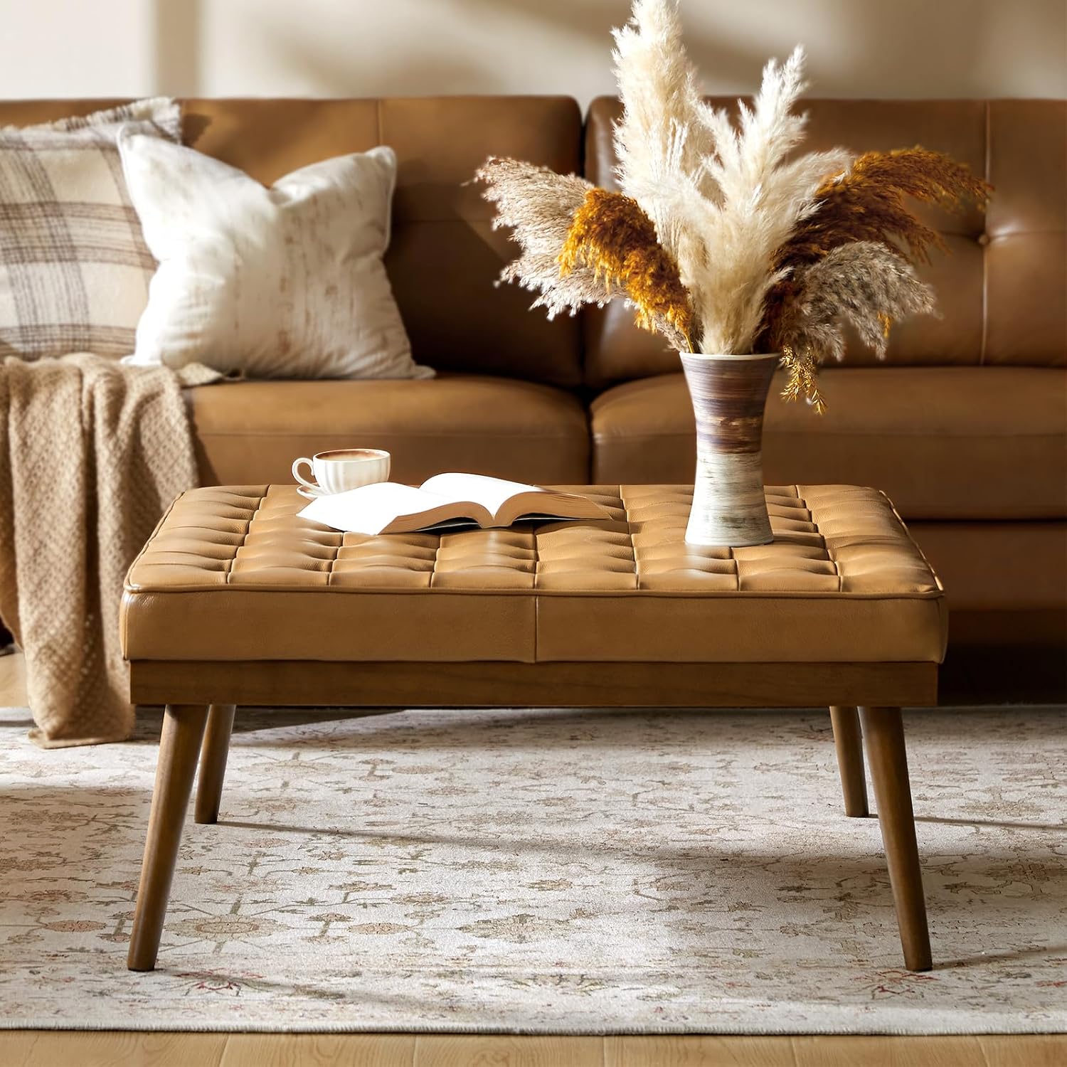 HULALA HOME Genuine Leather Square Coffee Table, Button Tufted Upholstered Ottoman Coffee Table with Solid Wooden Flared Legs, Mid-Century Modern Extra Seating for Living Room, Camel