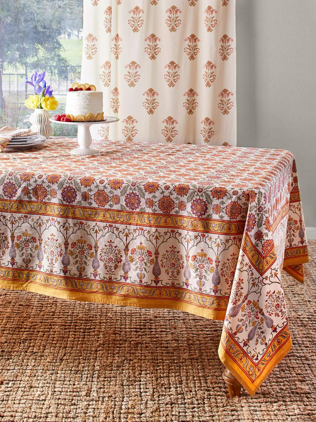 Saffron Marigold Rectangle Hand Block Printed Tablecloth - Orange Blossom Luxurious 100% Cotton, Washable, for Home Decor, Kitchen, Coffee Or Dining Table 70 x 120 Inches