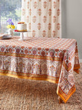 Saffron Marigold Rectangle Hand Block Printed Tablecloth - Orange Blossom Luxurious 100% Cotton, Washable, for Home Decor, Kitchen, Coffee Or Dining Table 70 x 120 Inches