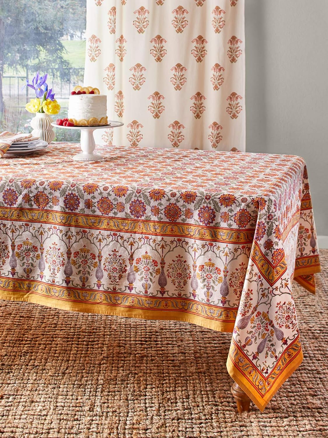 Saffron Marigold Rectangle Hand Block Printed Tablecloth - Orange Blossom Luxurious 100% Cotton, Washable, for Home Decor, Kitchen, Coffee Or Dining Table 70 x 120 Inches