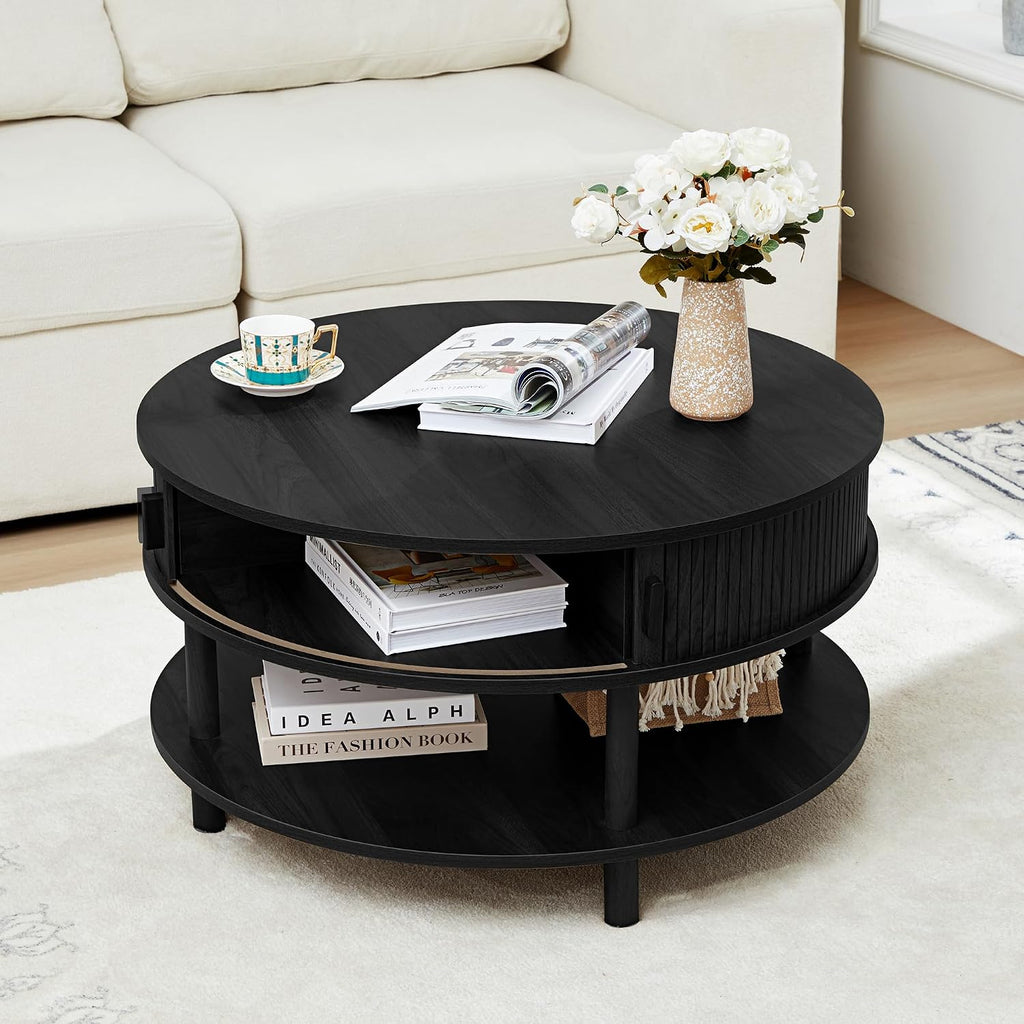 RARZOE 31.5' Round Coffee Table with Storage, Wood Circle Coffee Table with Sliding Cabinet Doors, Fluted Dining Table Accent Center Table for Living Room Home Office Apartment, Black