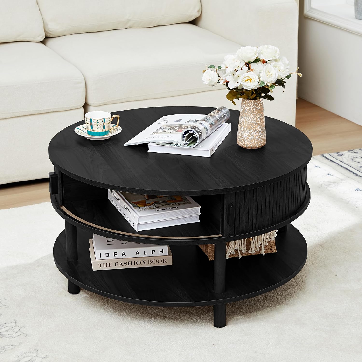 RARZOE 31.5' Round Coffee Table with Storage, Wood Circle Coffee Table with Sliding Cabinet Doors, Fluted Dining Table Accent Center Table for Living Room Home Office Apartment, Black