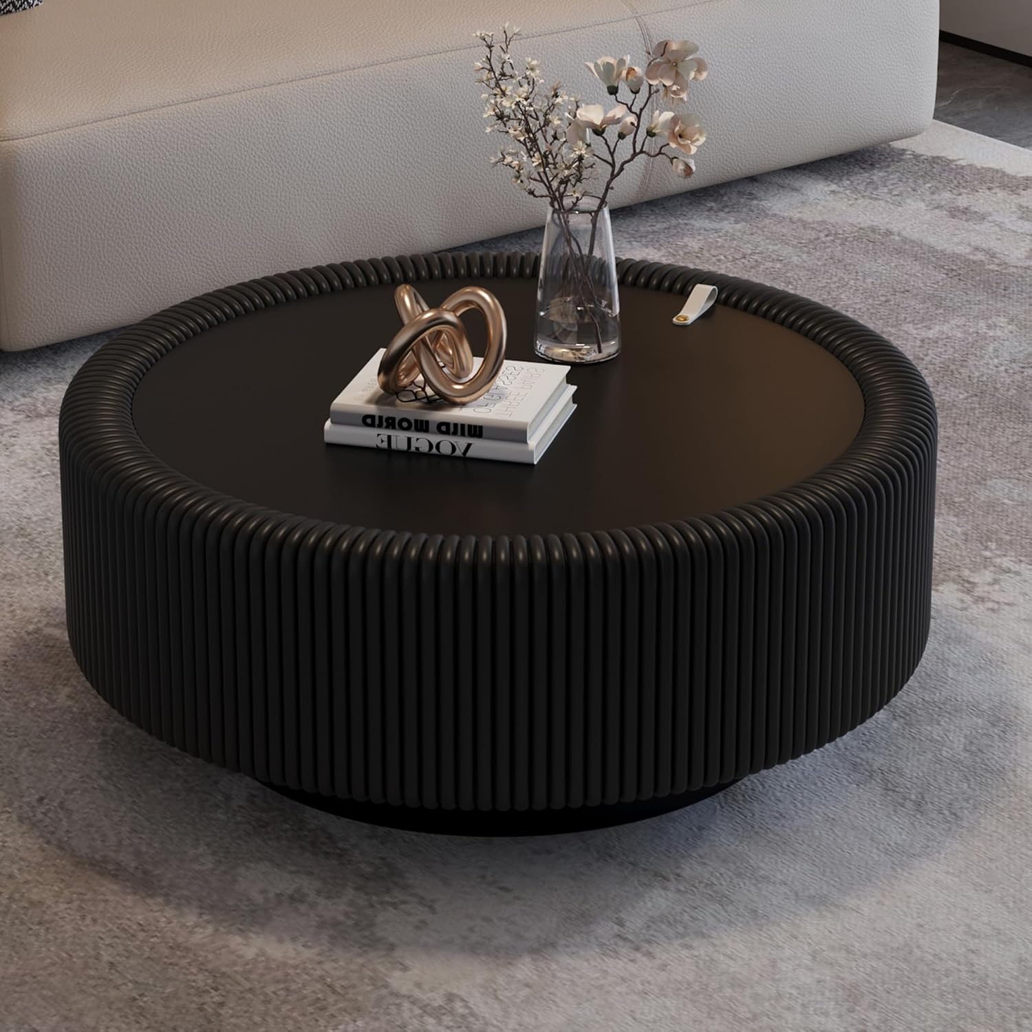 Black Round Fluted Coffee Table with Hidden Storage, 31.5' Drum Coffee Table with Tempered Glass Top, PU Leather Body, Baked Enamel Metal Base, Modern Minimalist Circle Tea Table