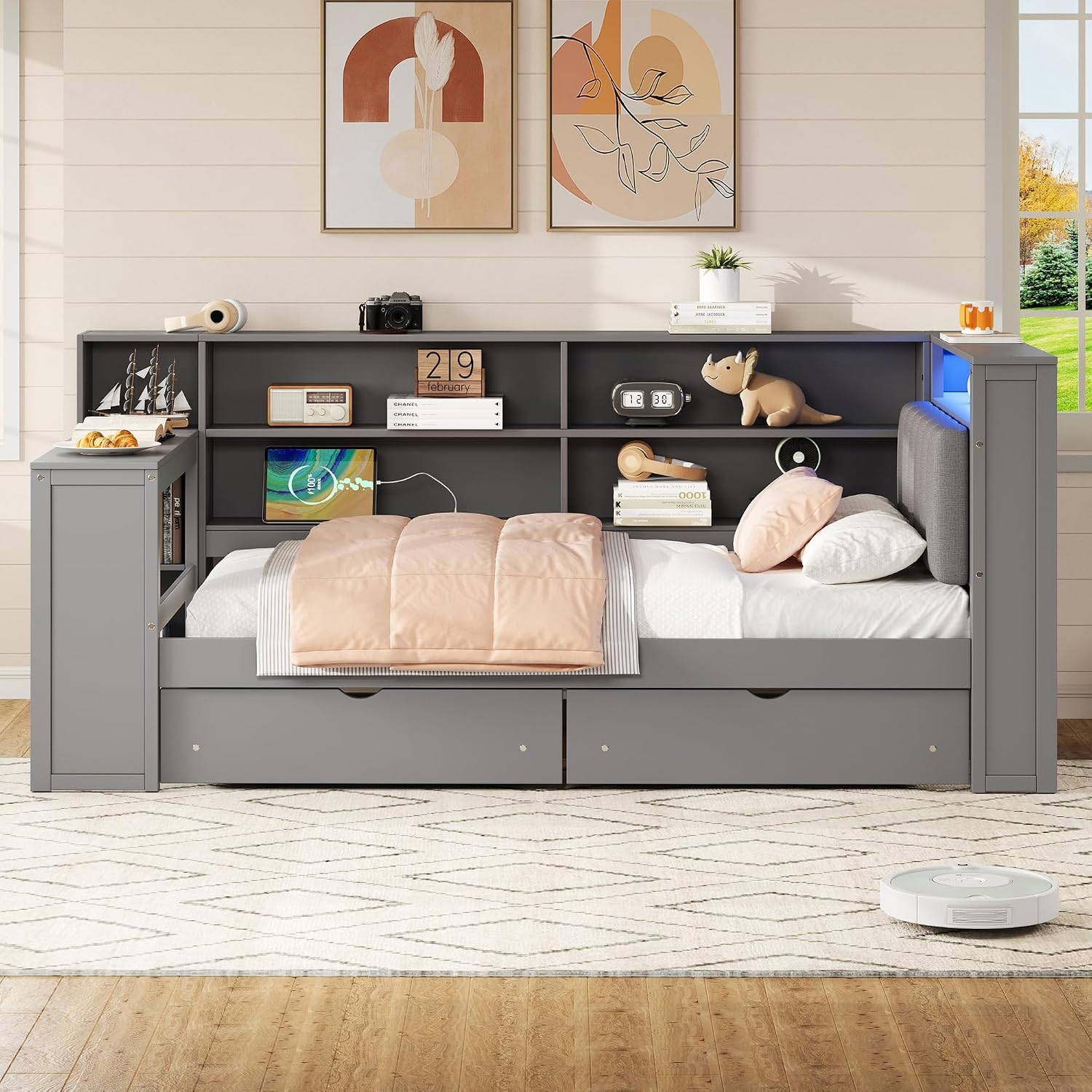 Merax Twin Size Wood Platform Bed with Storage Shelves, Drawers, Charging Station, Desk and Upholstered Headboard, Grey+ Grey Cushion