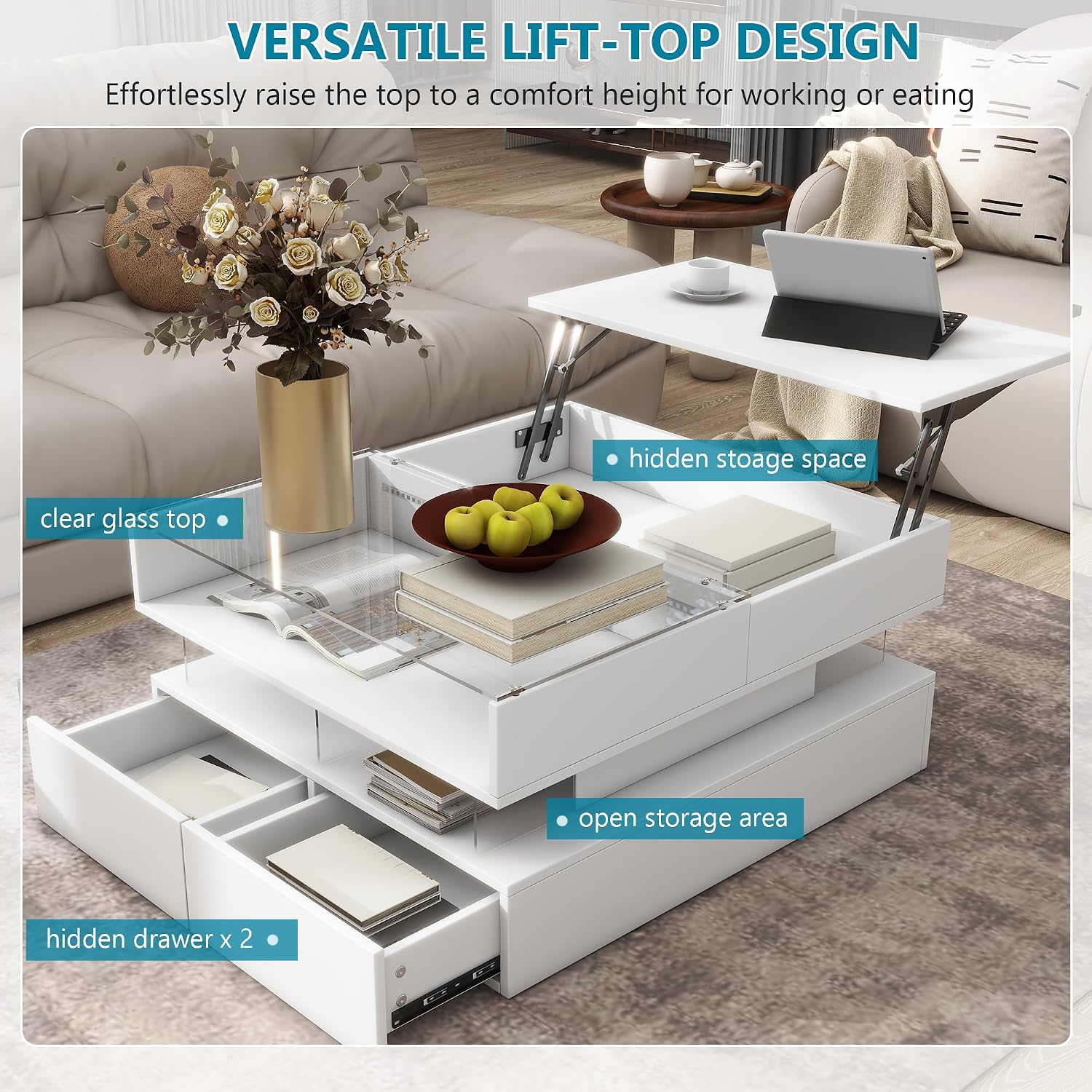 High Gloss LED Square Coffee Table 29.5-Inch Modern Lift-Top Center Cocktail Table with Storage & Glass Top for Living Room, White