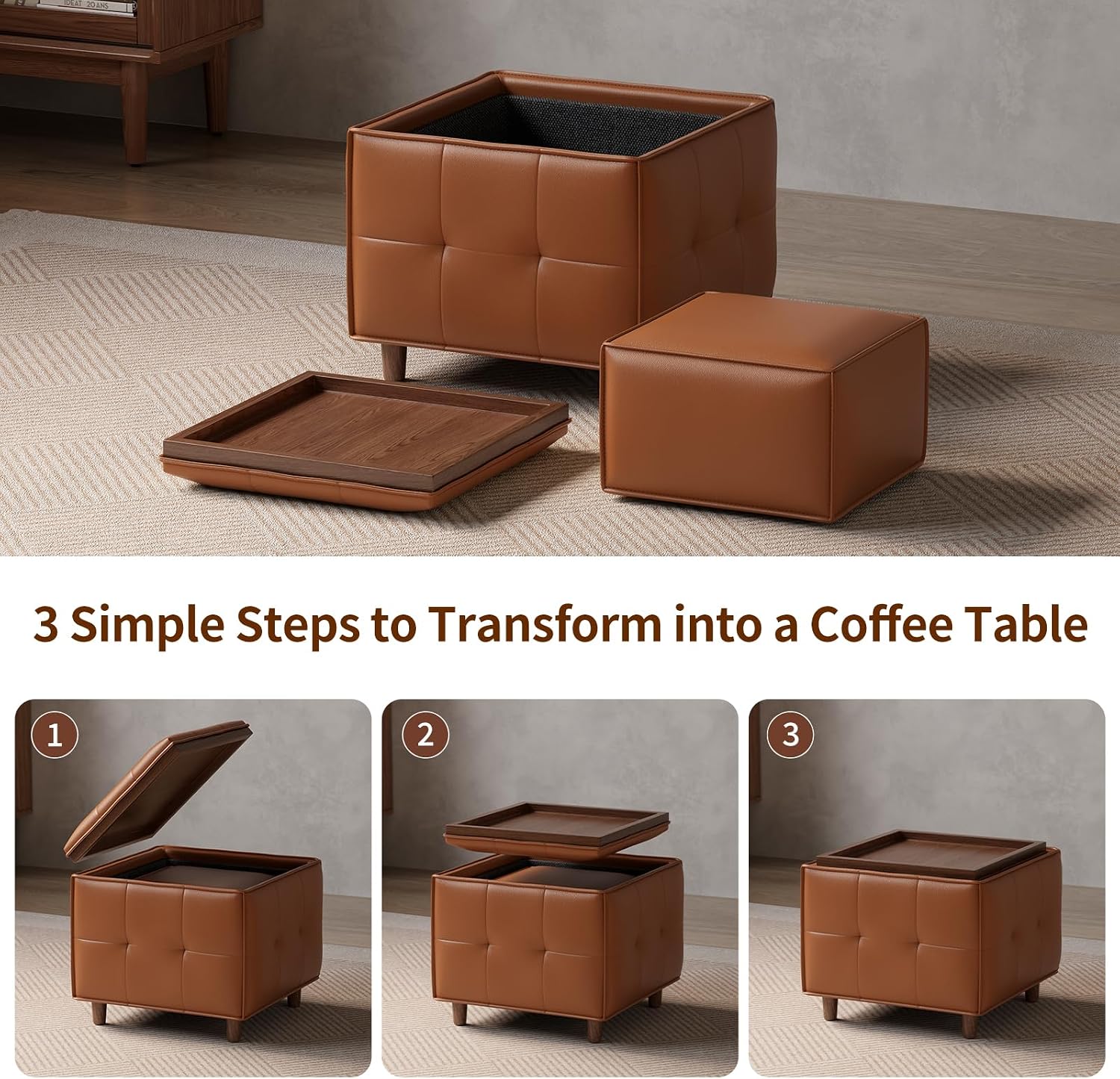 Square Ottoman with Storage Set of 2, Leather Coffee Table Ottoman, Multifunctional Foot Rest Stool with Storage for Living Room & Bedroom