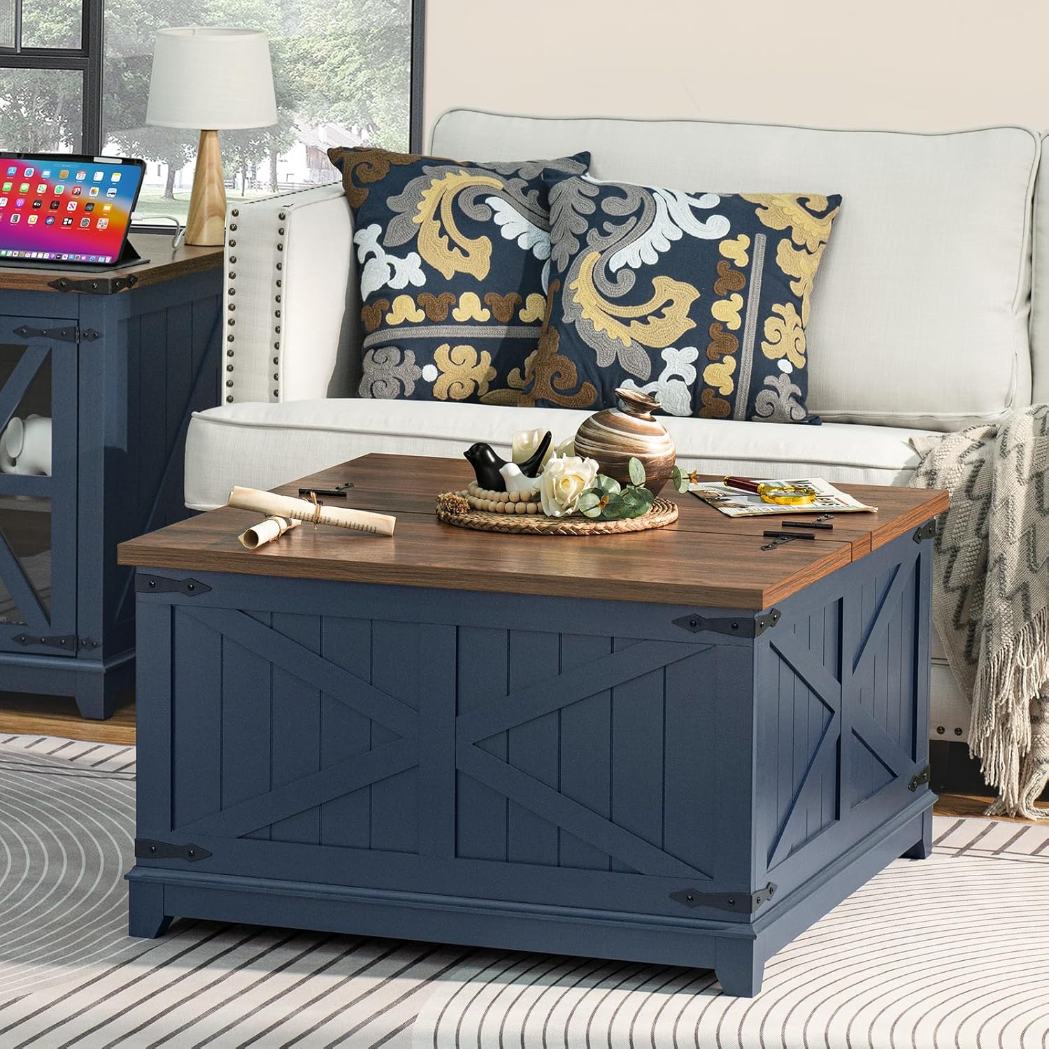 Joaxswe Farmhouse Coffee Table Set of 3, Narrow NightStands with Glass Barn Door Storage, Large Coffee Tables with Hidden Storage Organizer, Furniture Sets for Office, Living Room, Blue